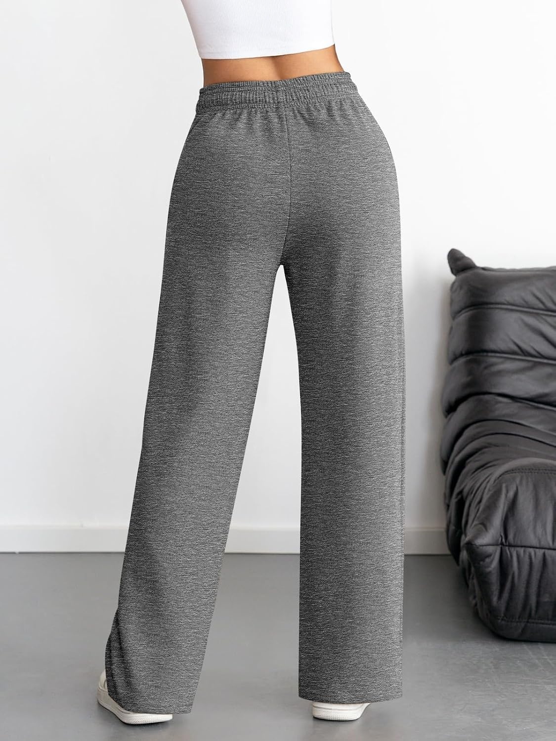 image:imageATHMILE Womens Wide Leg Sweatpants High Waisted Baggy Interior Drawstring Joggers Straight Leg Sweat Pants with PocketsDark Grey