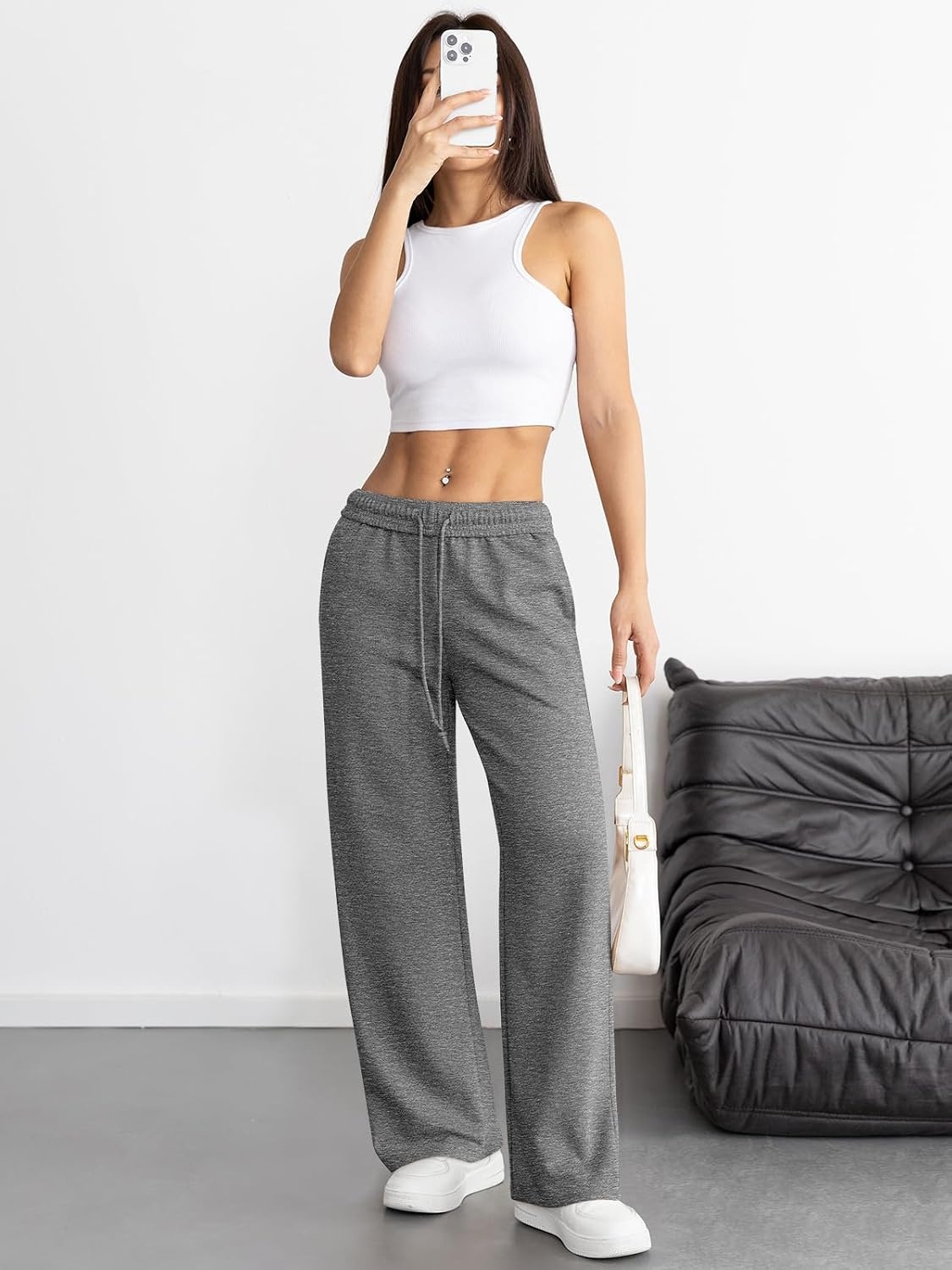 image:imageATHMILE Womens Wide Leg Sweatpants High Waisted Baggy Interior Drawstring Joggers Straight Leg Sweat Pants with PocketsDark Grey