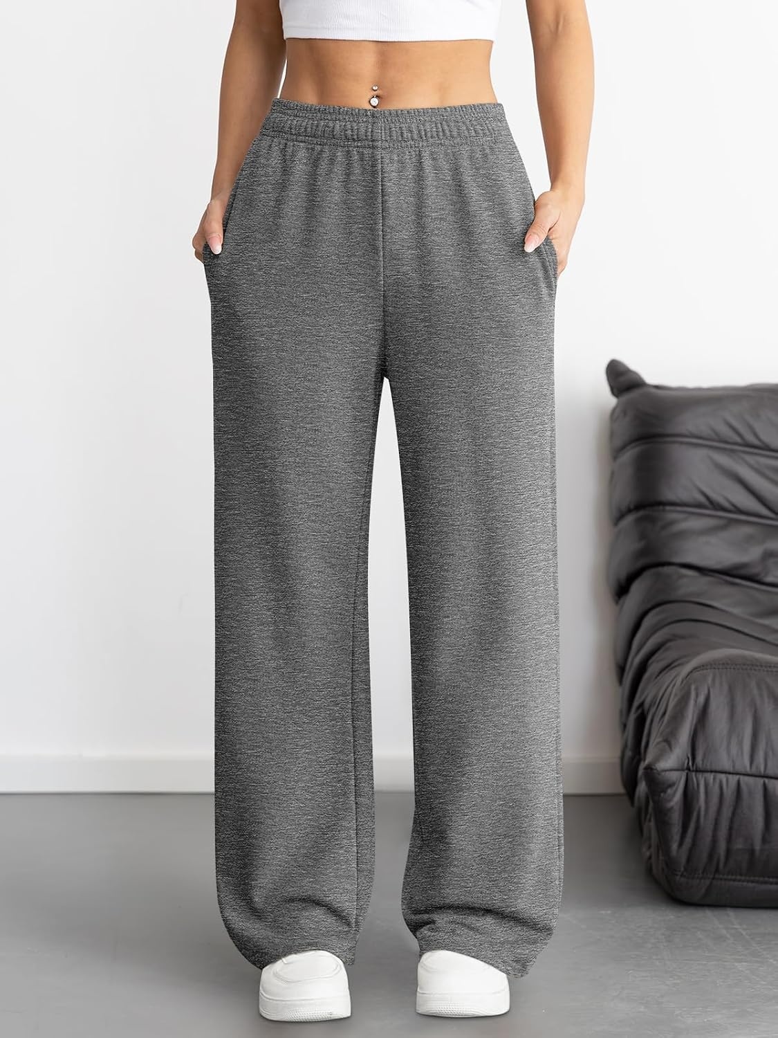 image:imageATHMILE Womens Wide Leg Sweatpants High Waisted Baggy Interior Drawstring Joggers Straight Leg Sweat Pants with PocketsDark Grey
