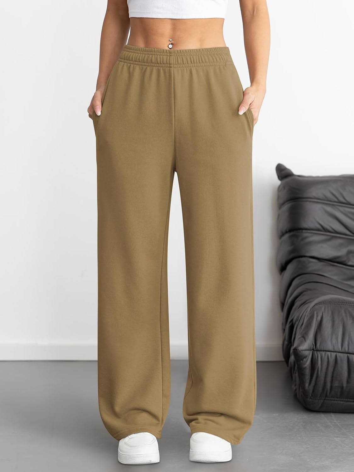 image:imageATHMILE Womens Wide Leg Sweatpants High Waisted Baggy Interior Drawstring Joggers Straight Leg Sweat Pants with PocketsDark Khaki
