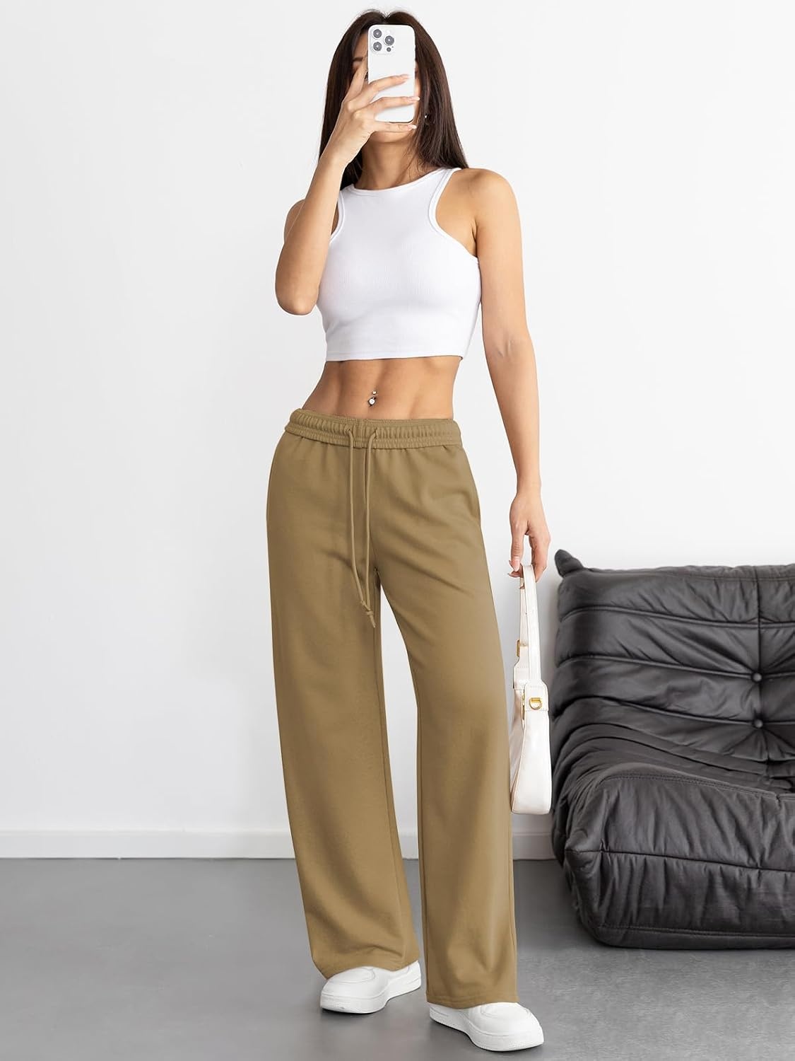 image:imageATHMILE Womens Wide Leg Sweatpants High Waisted Baggy Interior Drawstring Joggers Straight Leg Sweat Pants with PocketsDark Khaki