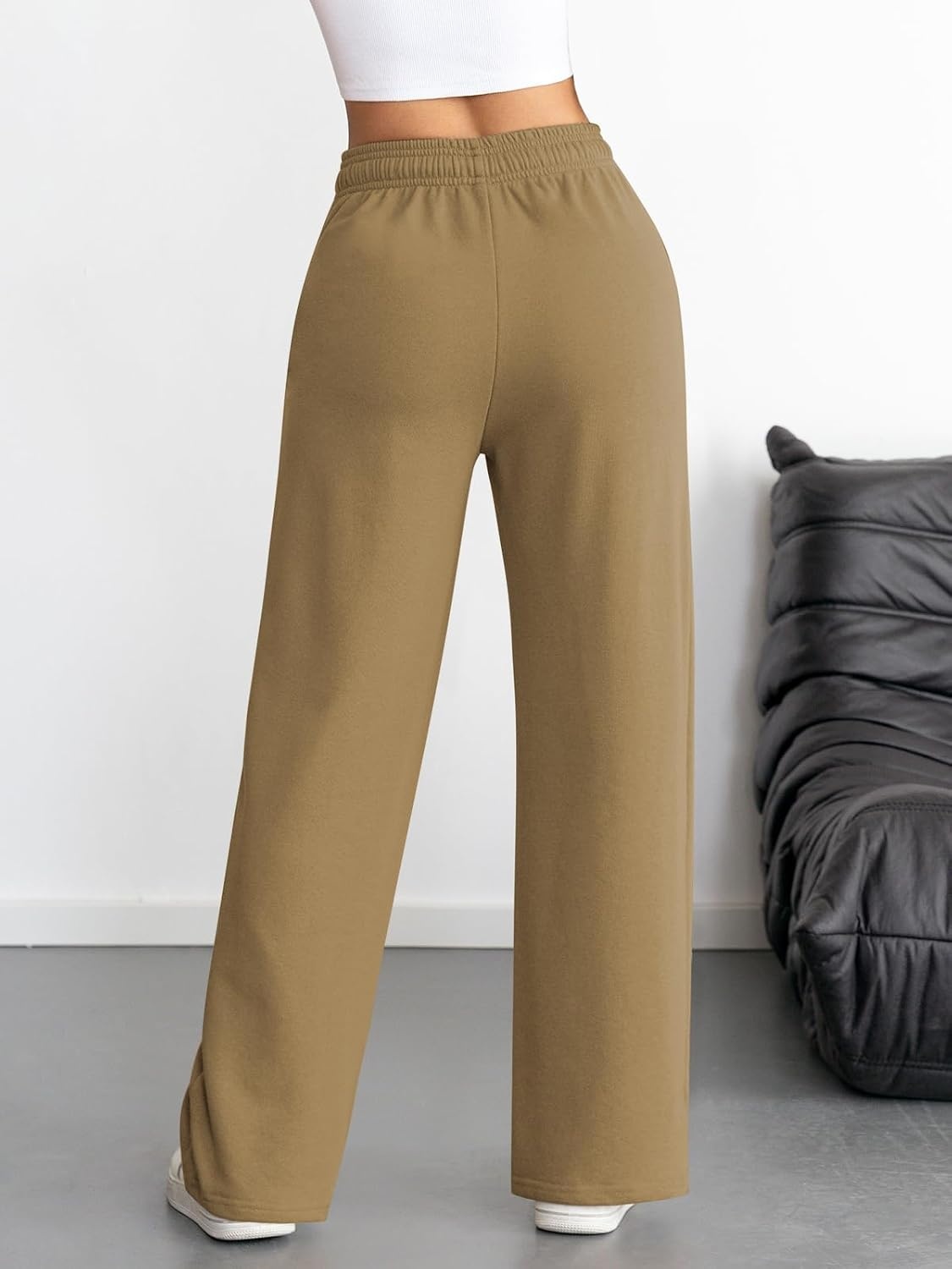 image:imageATHMILE Womens Wide Leg Sweatpants High Waisted Baggy Interior Drawstring Joggers Straight Leg Sweat Pants with PocketsDark Khaki