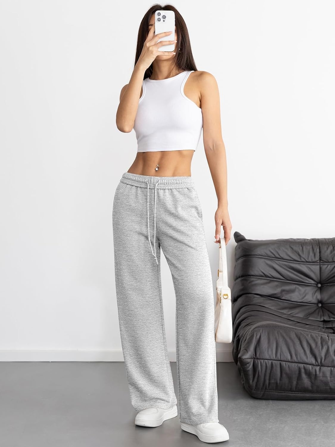 image:imageATHMILE Womens Wide Leg Sweatpants High Waisted Baggy Interior Drawstring Joggers Straight Leg Sweat Pants with PocketsGrey