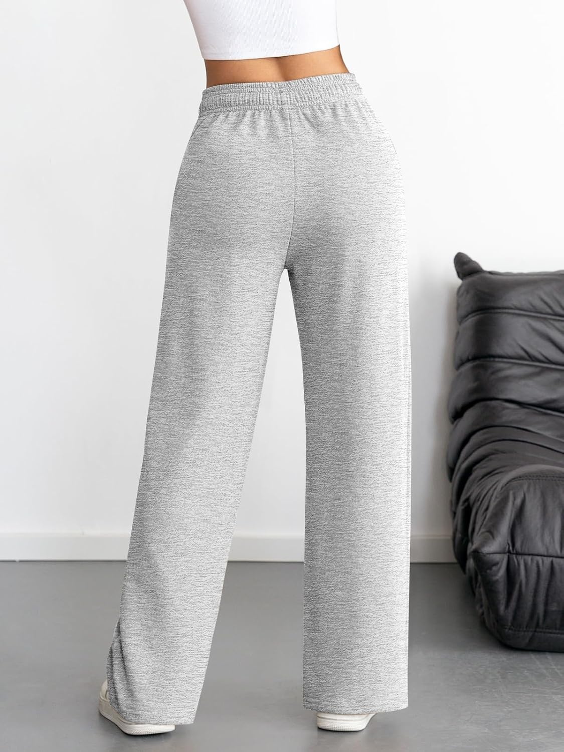 image:imageATHMILE Womens Wide Leg Sweatpants High Waisted Baggy Interior Drawstring Joggers Straight Leg Sweat Pants with PocketsGrey