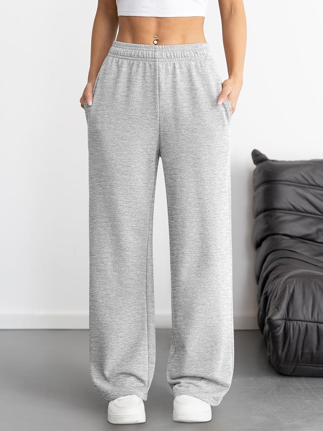 image:imageATHMILE Womens Wide Leg Sweatpants High Waisted Baggy Interior Drawstring Joggers Straight Leg Sweat Pants with PocketsGrey