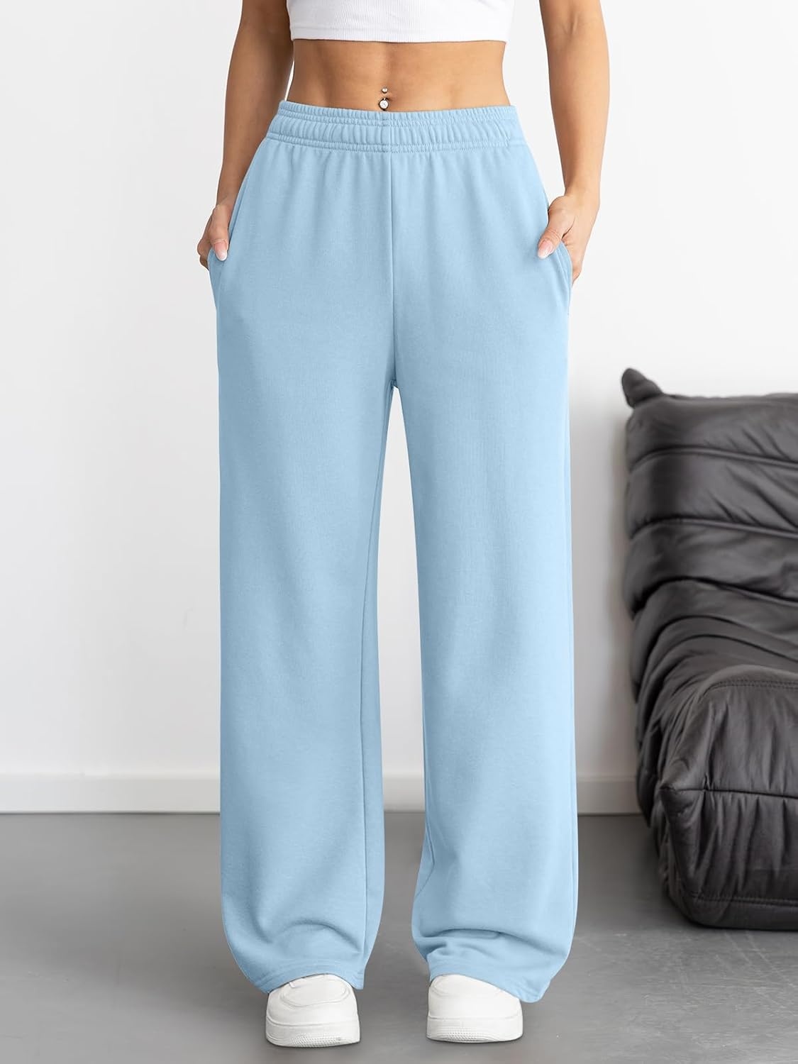 image:imageATHMILE Womens Wide Leg Sweatpants High Waisted Baggy Interior Drawstring Joggers Straight Leg Sweat Pants with PocketsLight Blue