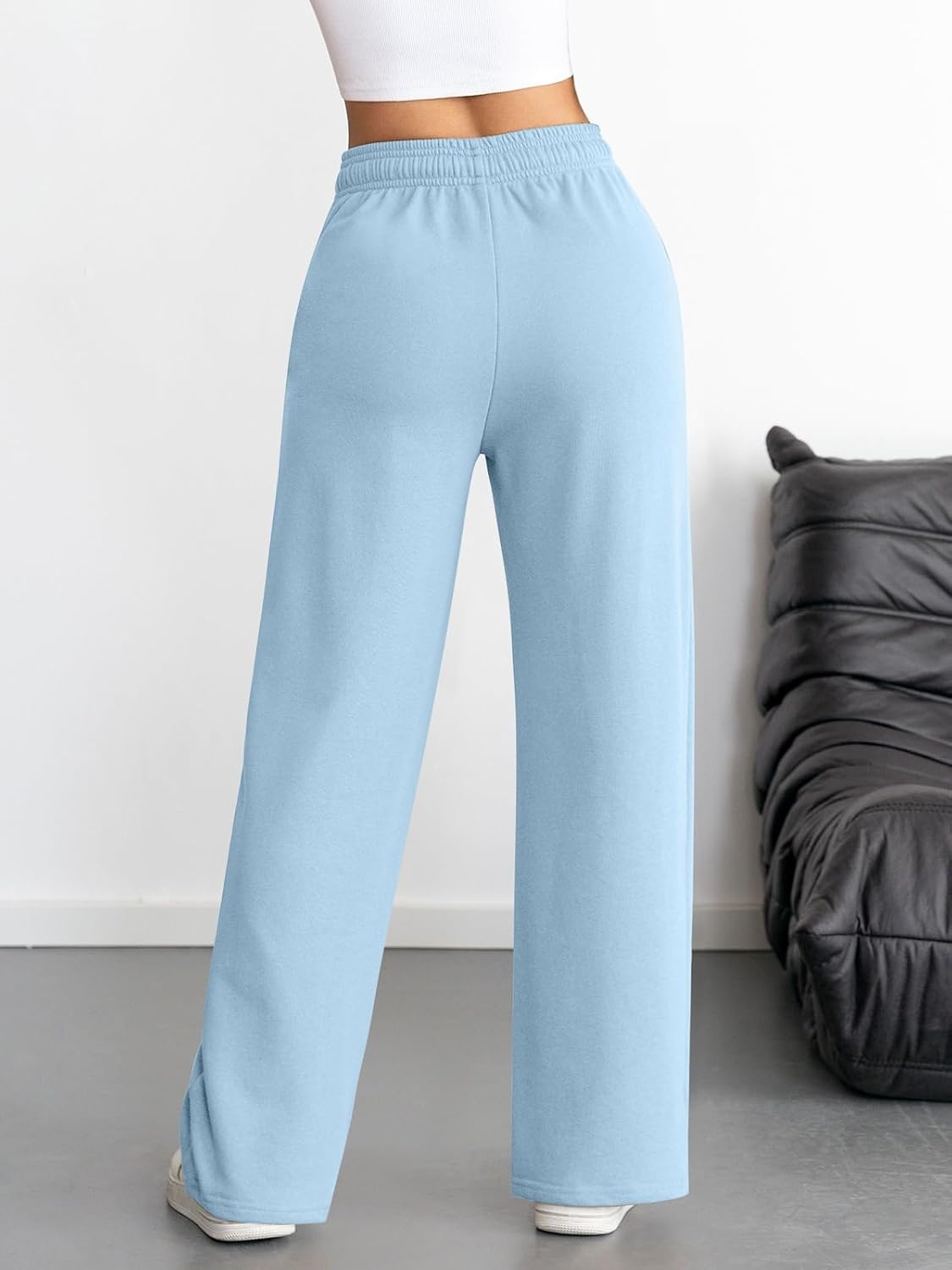 image:imageATHMILE Womens Wide Leg Sweatpants High Waisted Baggy Interior Drawstring Joggers Straight Leg Sweat Pants with PocketsLight Blue