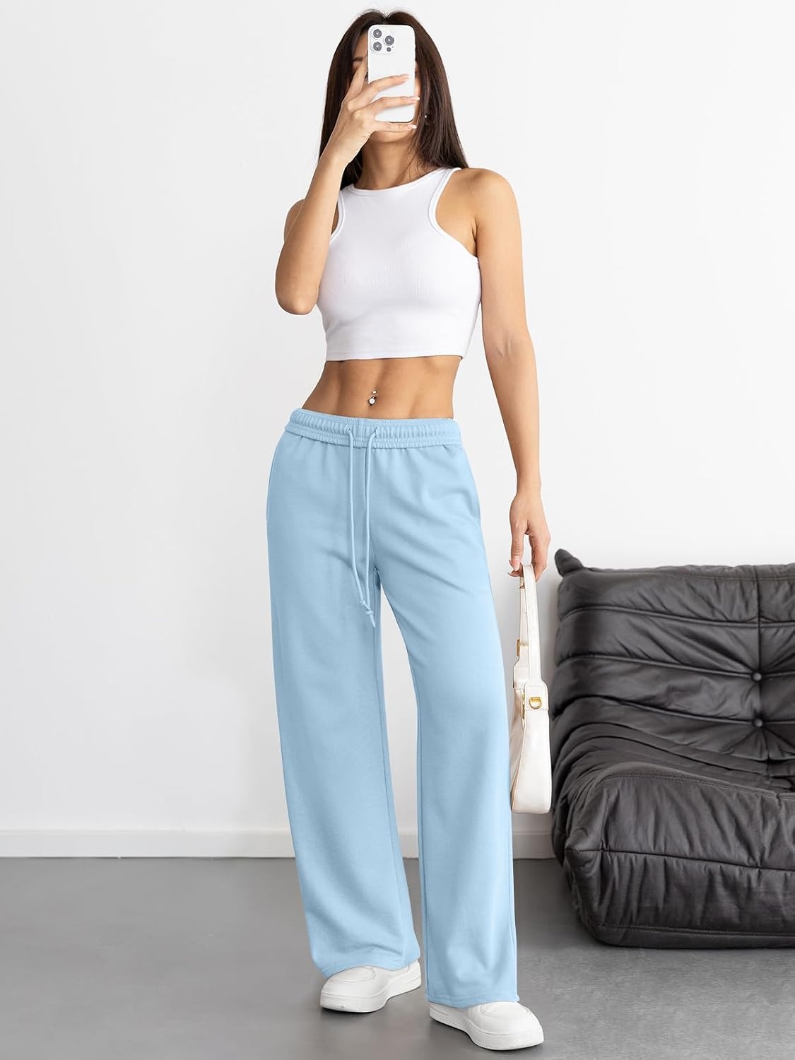 image:imageATHMILE Womens Wide Leg Sweatpants High Waisted Baggy Interior Drawstring Joggers Straight Leg Sweat Pants with PocketsLight Blue