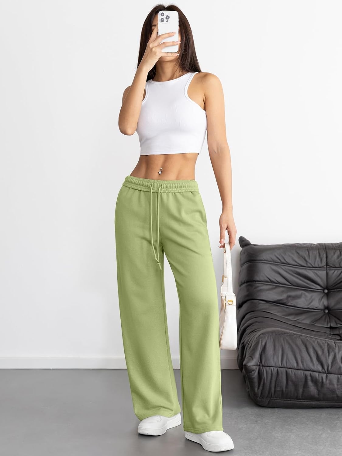 image:imageATHMILE Womens Wide Leg Sweatpants High Waisted Baggy Interior Drawstring Joggers Straight Leg Sweat Pants with PocketsLight Green