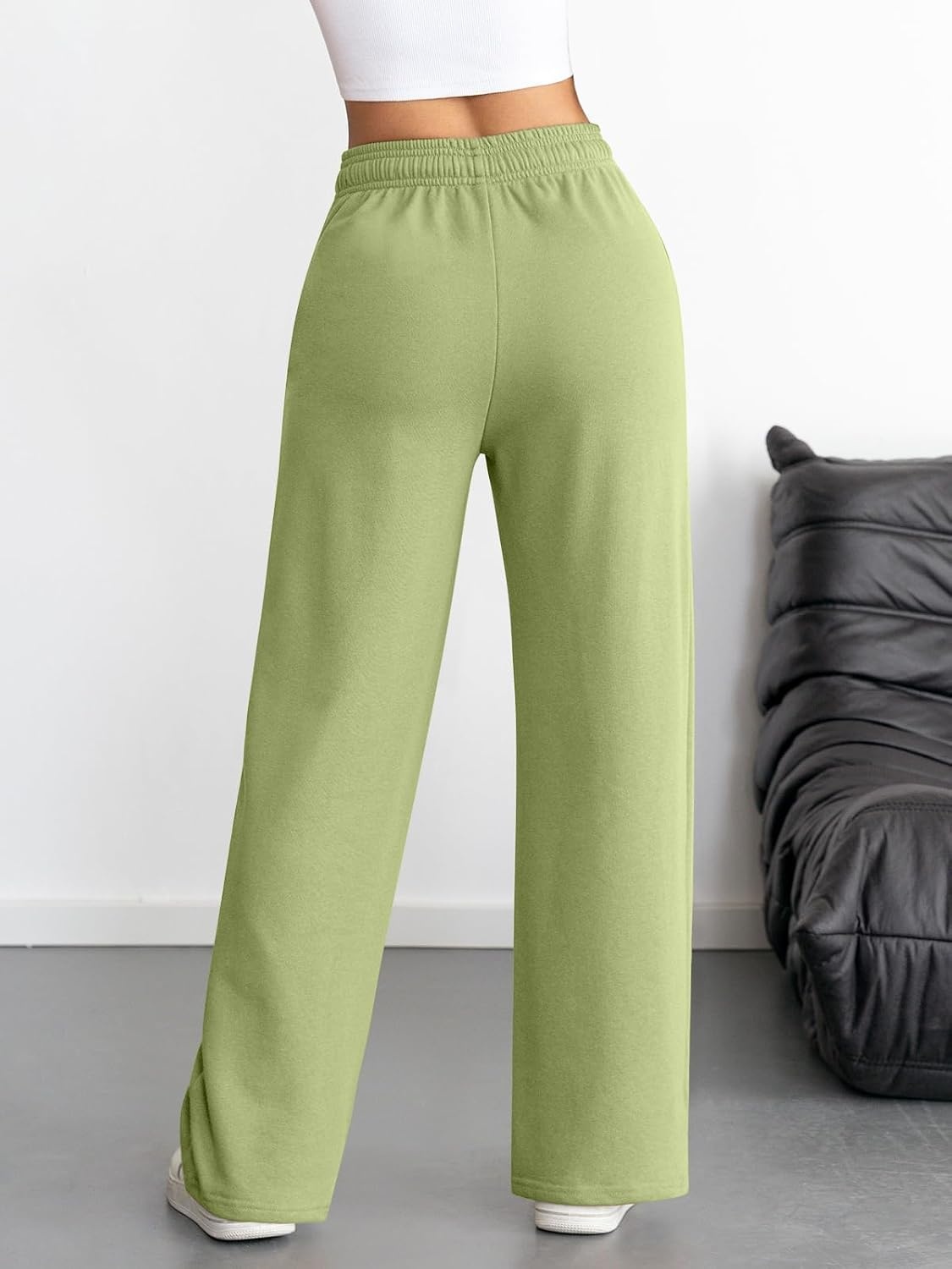 image:imageATHMILE Womens Wide Leg Sweatpants High Waisted Baggy Interior Drawstring Joggers Straight Leg Sweat Pants with PocketsLight Green