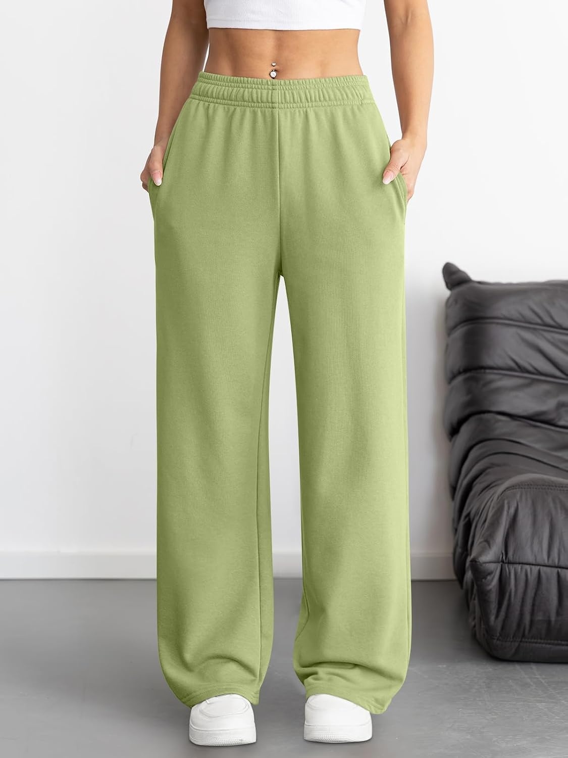 image:imageATHMILE Womens Wide Leg Sweatpants High Waisted Baggy Interior Drawstring Joggers Straight Leg Sweat Pants with PocketsLight Green