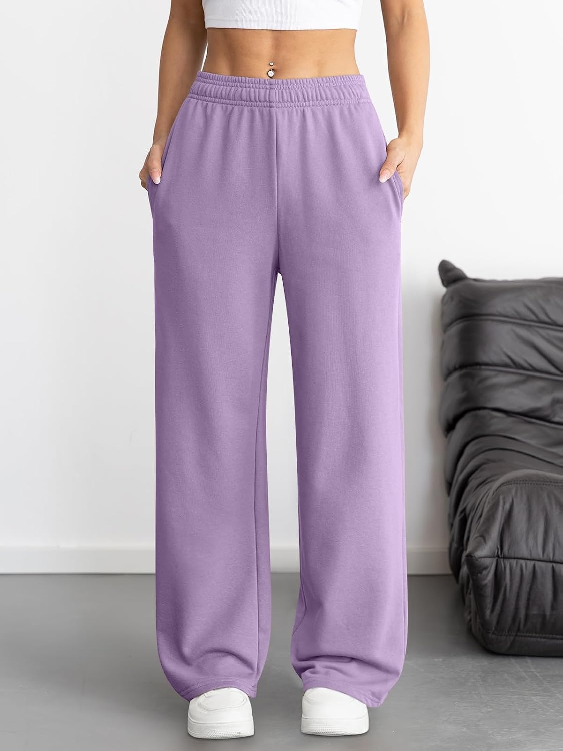 image:imageATHMILE Womens Wide Leg Sweatpants High Waisted Baggy Interior Drawstring Joggers Straight Leg Sweat Pants with PocketsLight Purple