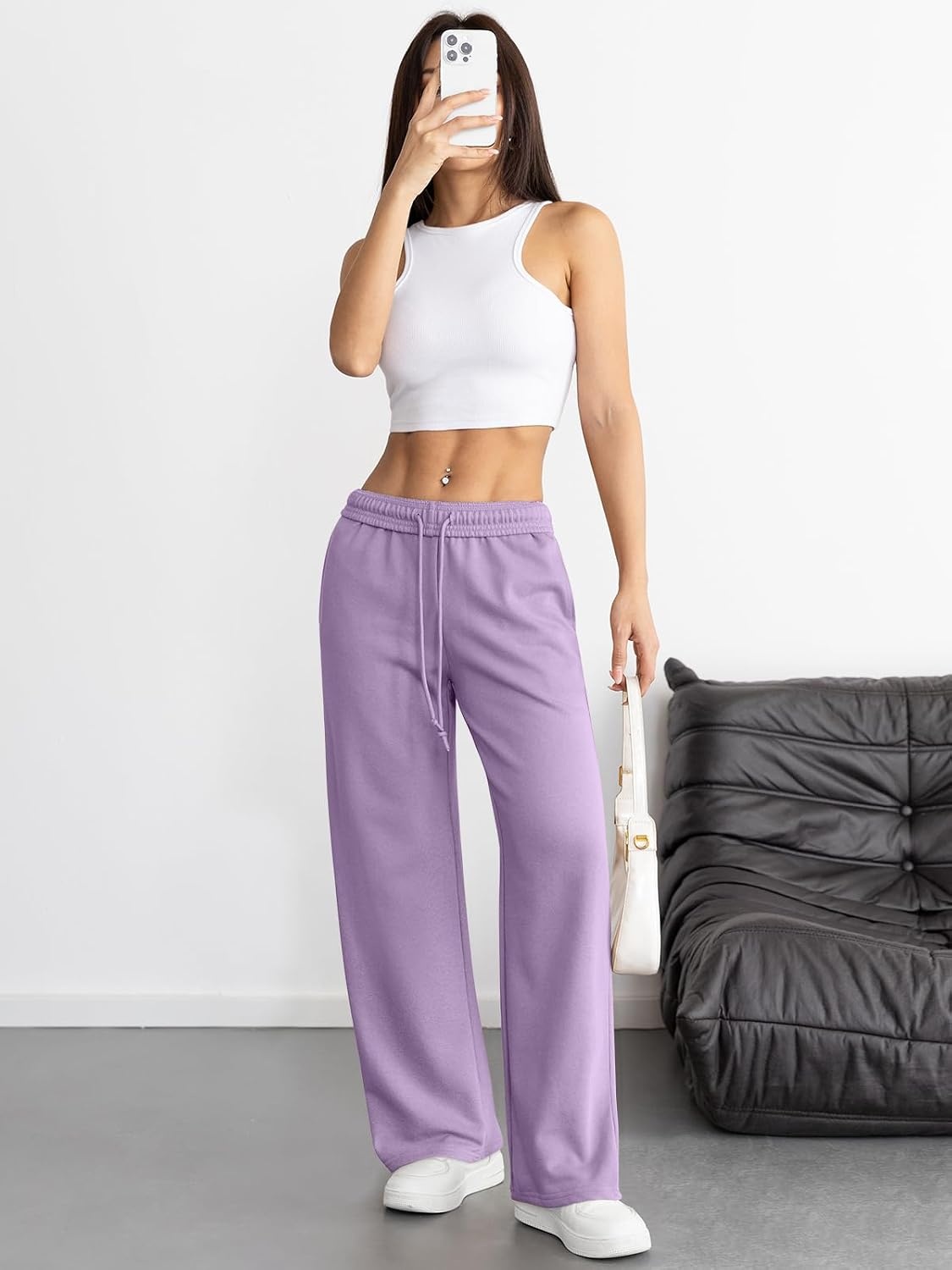 image:imageATHMILE Womens Wide Leg Sweatpants High Waisted Baggy Interior Drawstring Joggers Straight Leg Sweat Pants with PocketsLight Purple