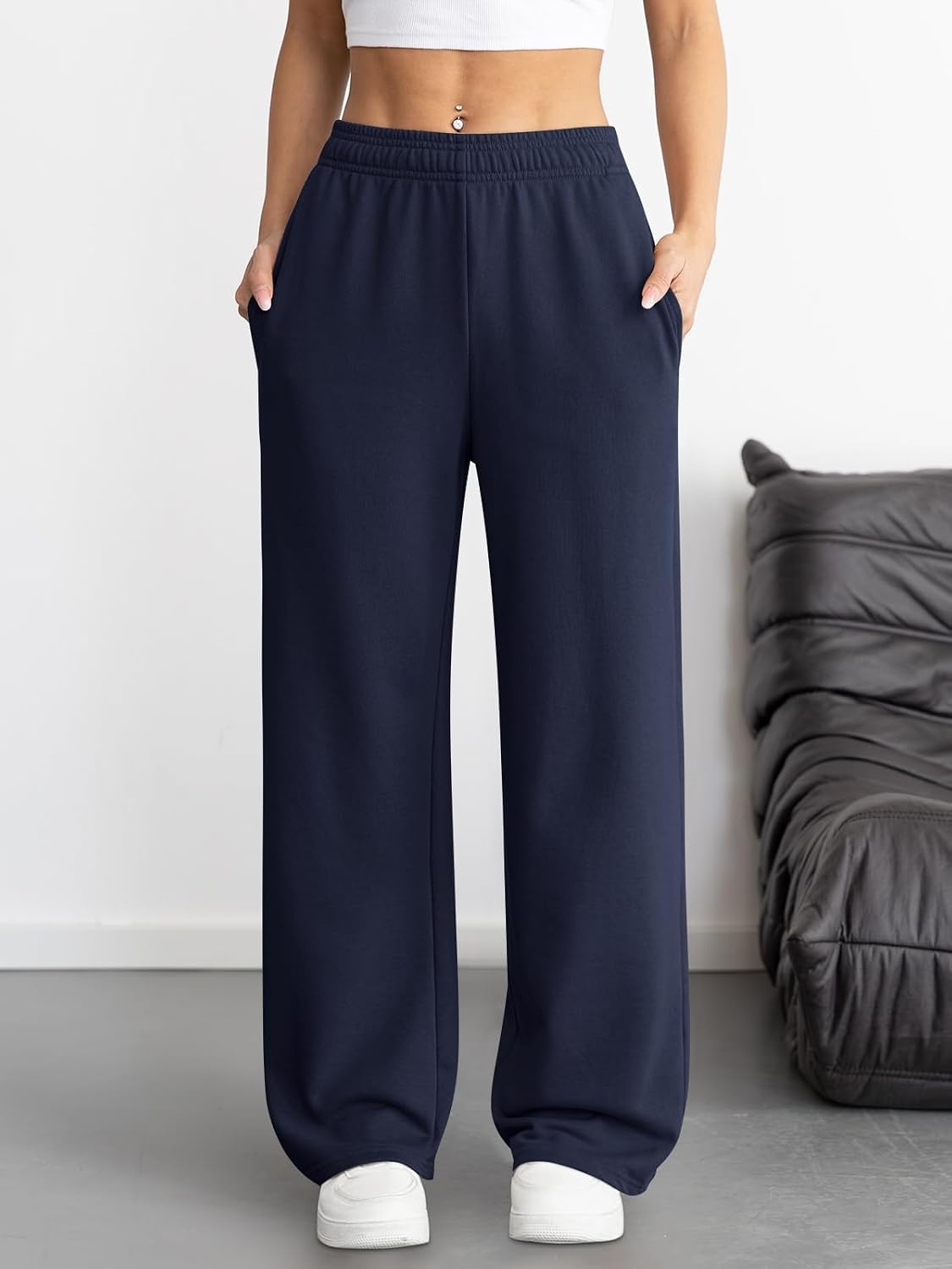 image:imageATHMILE Womens Wide Leg Sweatpants High Waisted Baggy Interior Drawstring Joggers Straight Leg Sweat Pants with PocketsNavy Blue
