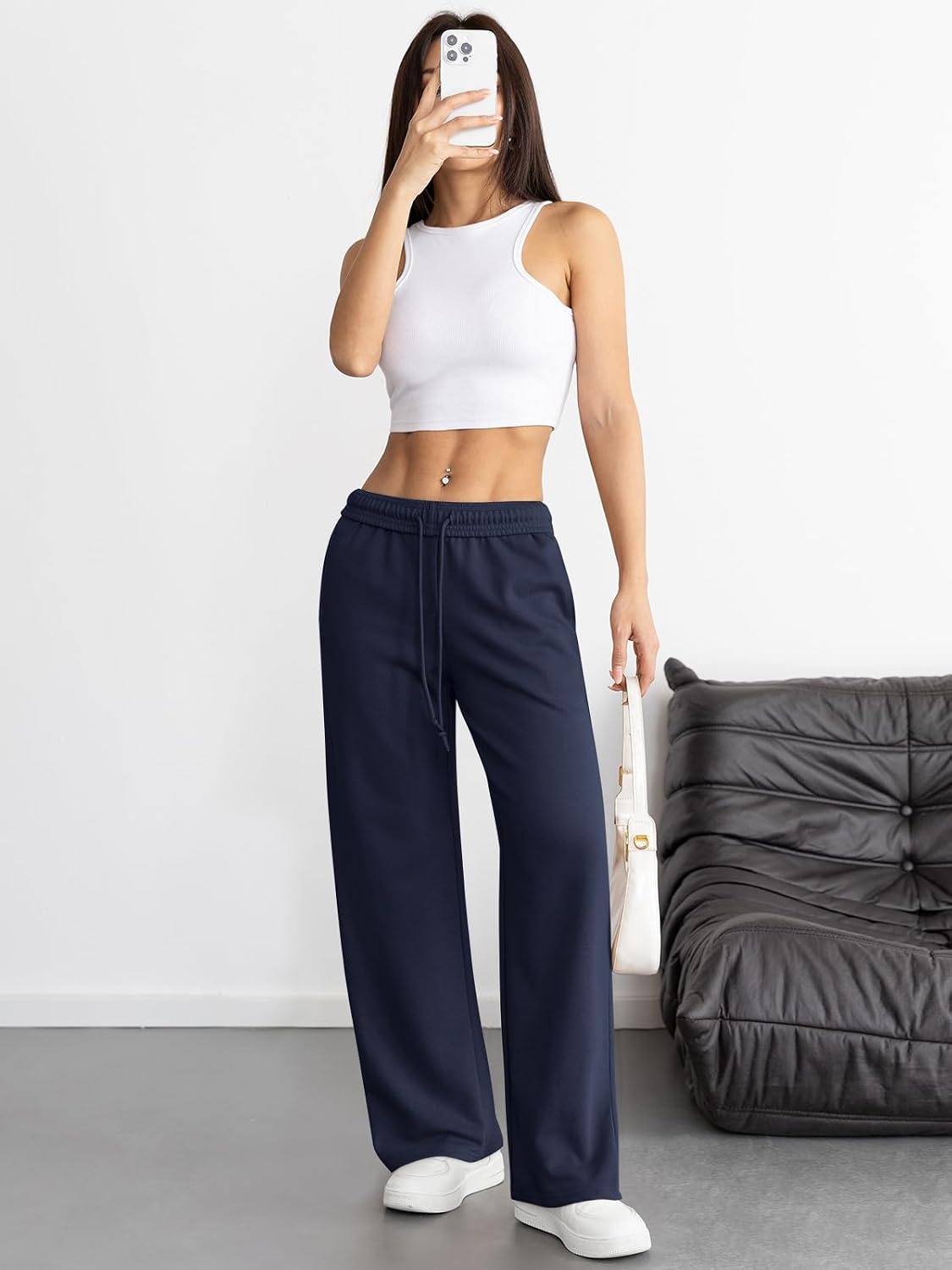 image:imageATHMILE Womens Wide Leg Sweatpants High Waisted Baggy Interior Drawstring Joggers Straight Leg Sweat Pants with PocketsNavy Blue