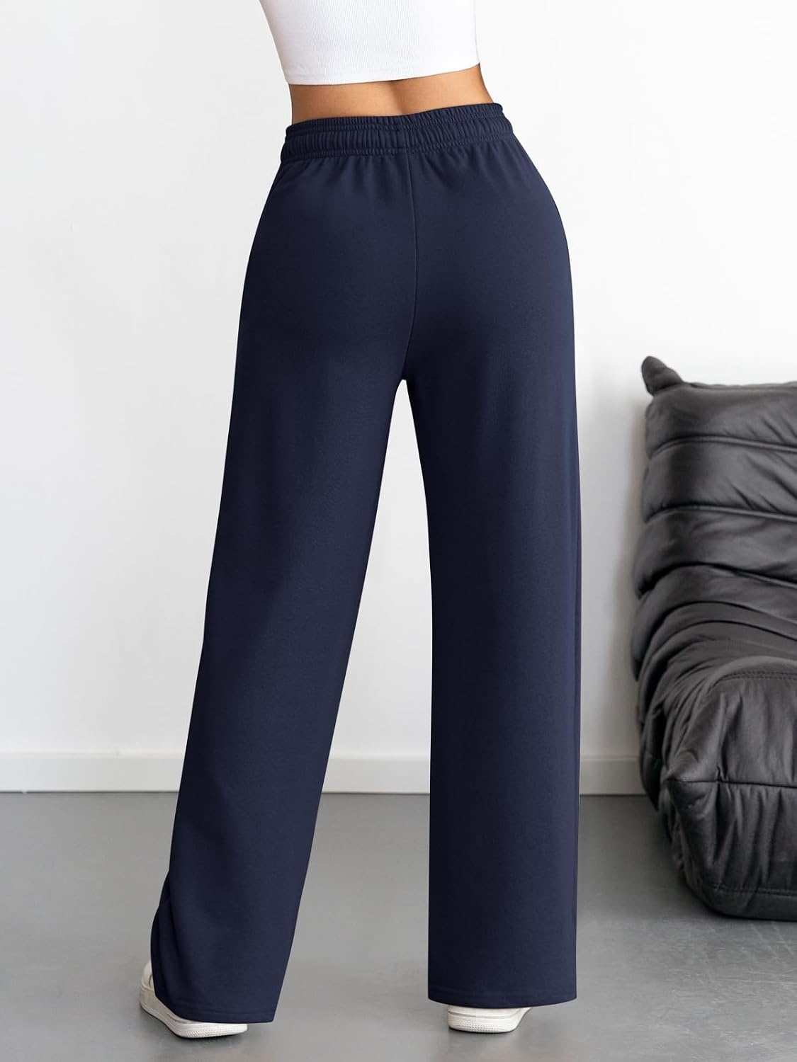 image:imageATHMILE Womens Wide Leg Sweatpants High Waisted Baggy Interior Drawstring Joggers Straight Leg Sweat Pants with PocketsNavy Blue