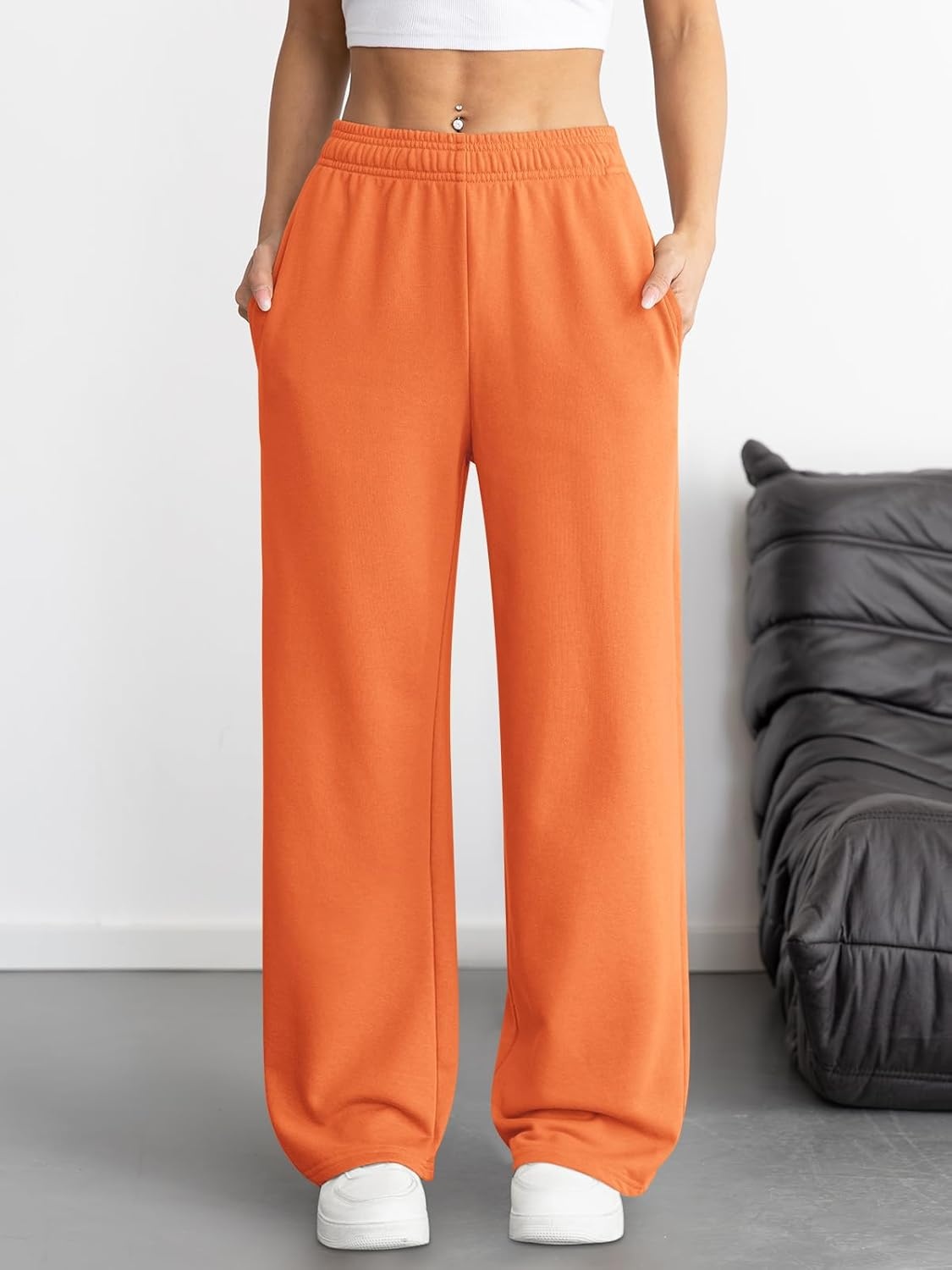 image:imageATHMILE Womens Wide Leg Sweatpants High Waisted Baggy Interior Drawstring Joggers Straight Leg Sweat Pants with PocketsOrange