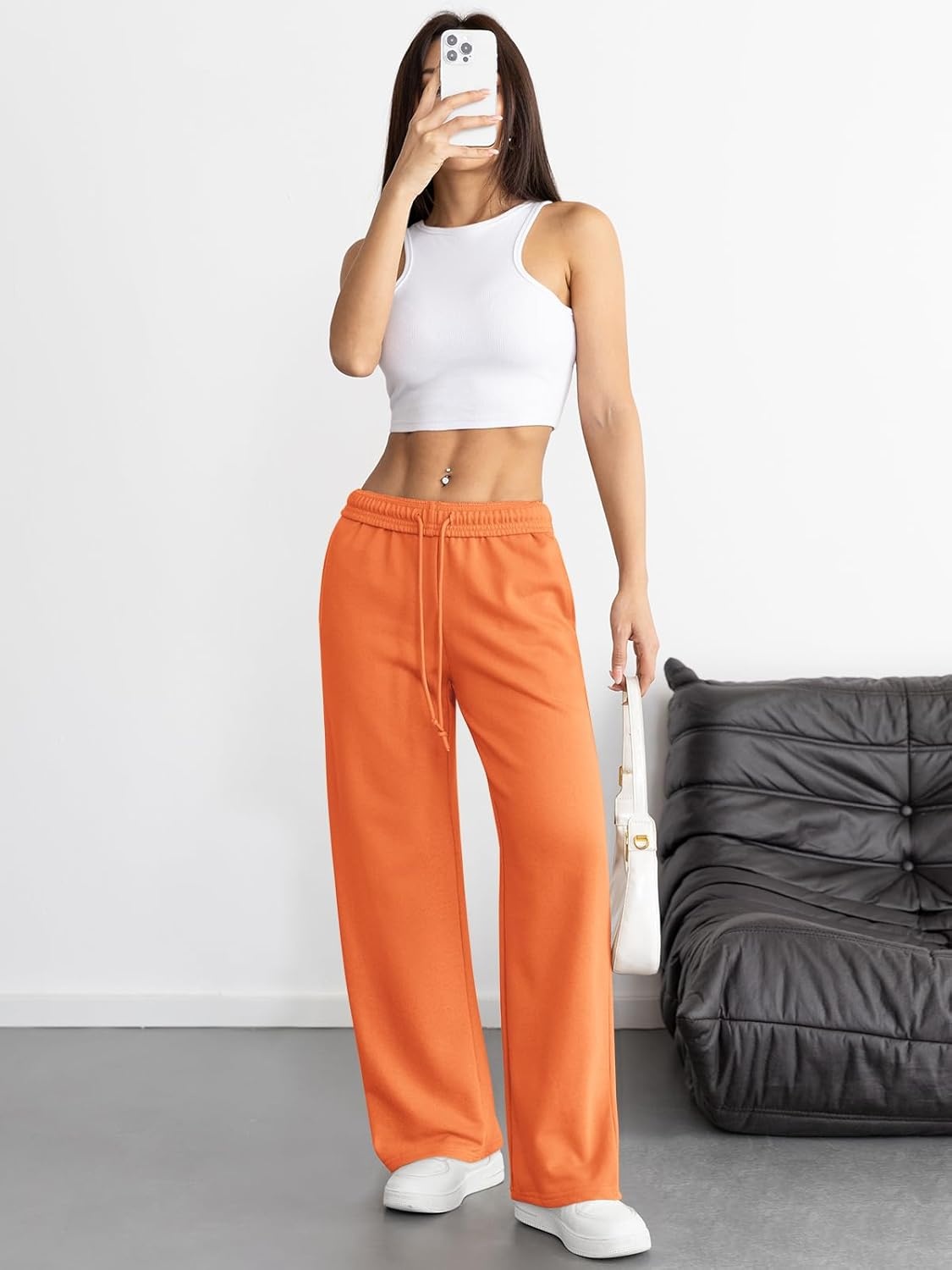 image:imageATHMILE Womens Wide Leg Sweatpants High Waisted Baggy Interior Drawstring Joggers Straight Leg Sweat Pants with PocketsOrange