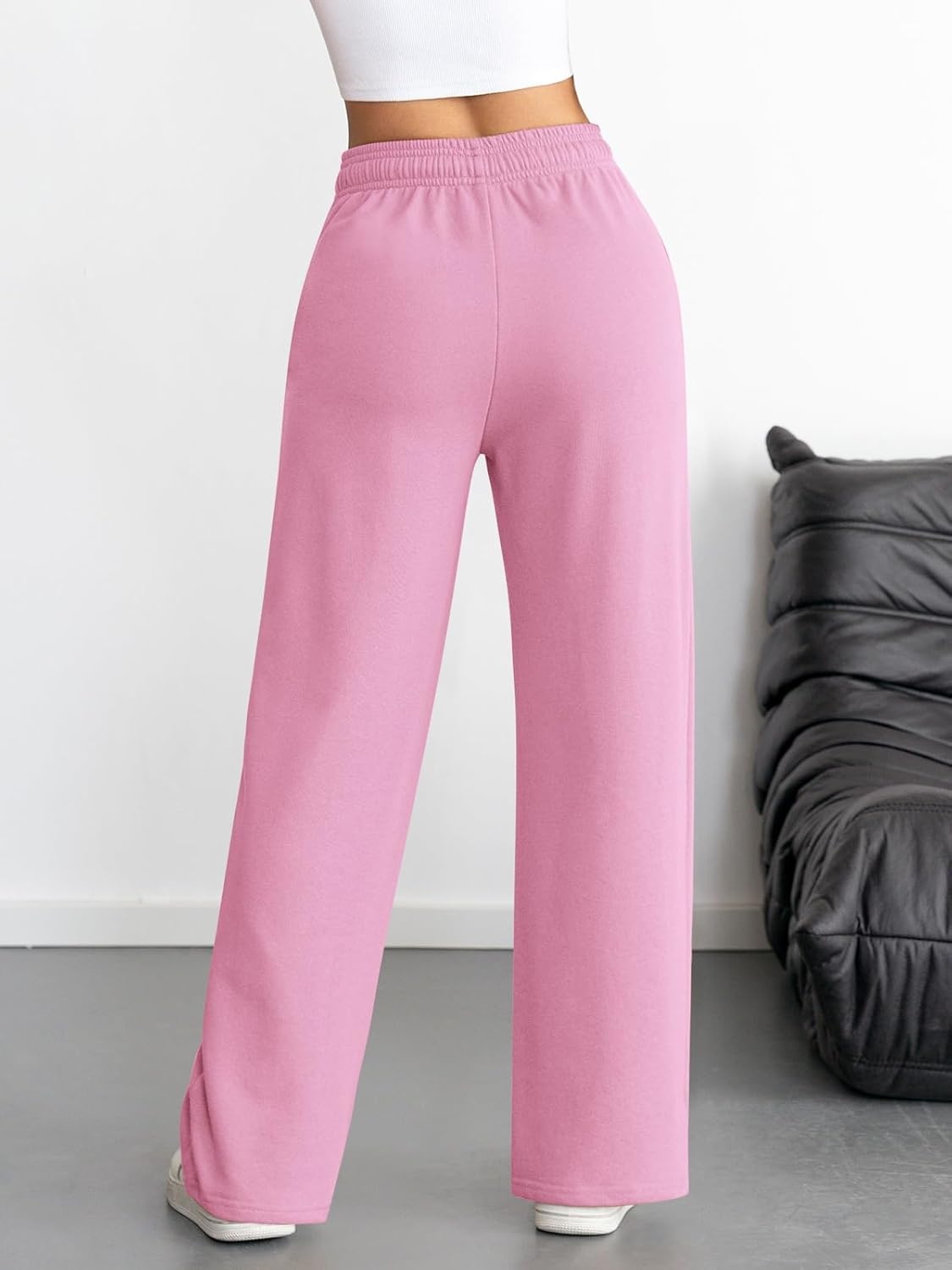 image:imageATHMILE Womens Wide Leg Sweatpants High Waisted Baggy Interior Drawstring Joggers Straight Leg Sweat Pants with PocketsPink
