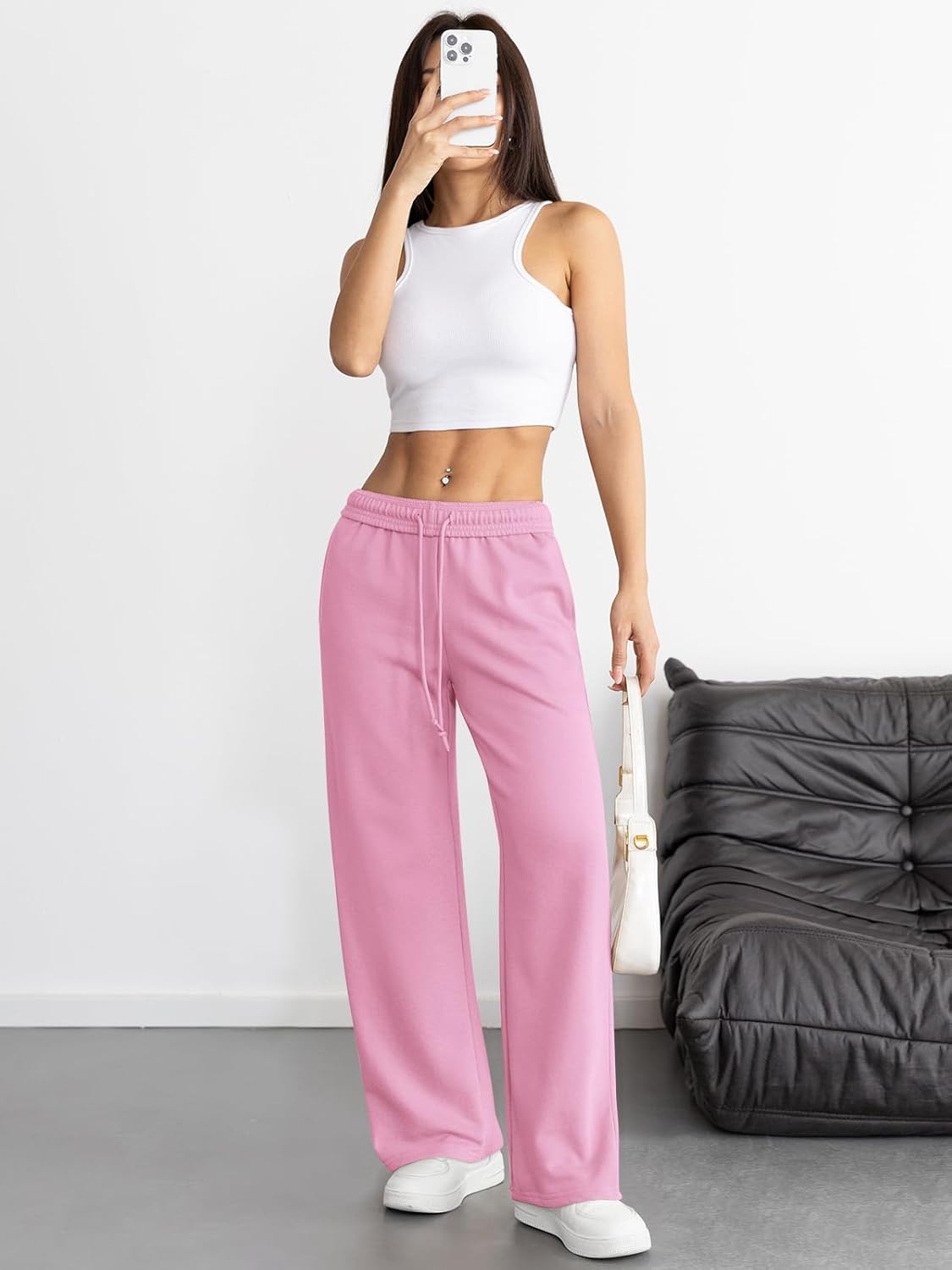 image:imageATHMILE Womens Wide Leg Sweatpants High Waisted Baggy Interior Drawstring Joggers Straight Leg Sweat Pants with PocketsPink