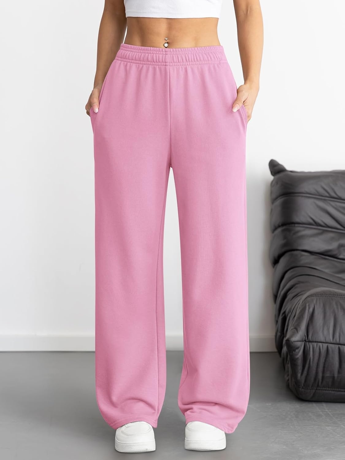 image:imageATHMILE Womens Wide Leg Sweatpants High Waisted Baggy Interior Drawstring Joggers Straight Leg Sweat Pants with PocketsPink