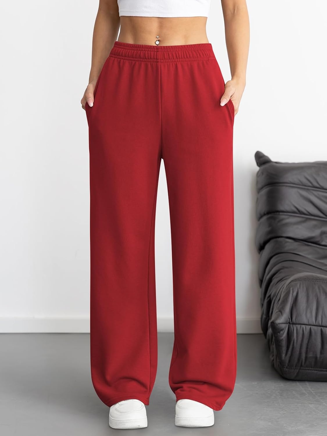 image:imageATHMILE Womens Wide Leg Sweatpants High Waisted Baggy Interior Drawstring Joggers Straight Leg Sweat Pants with PocketsRed