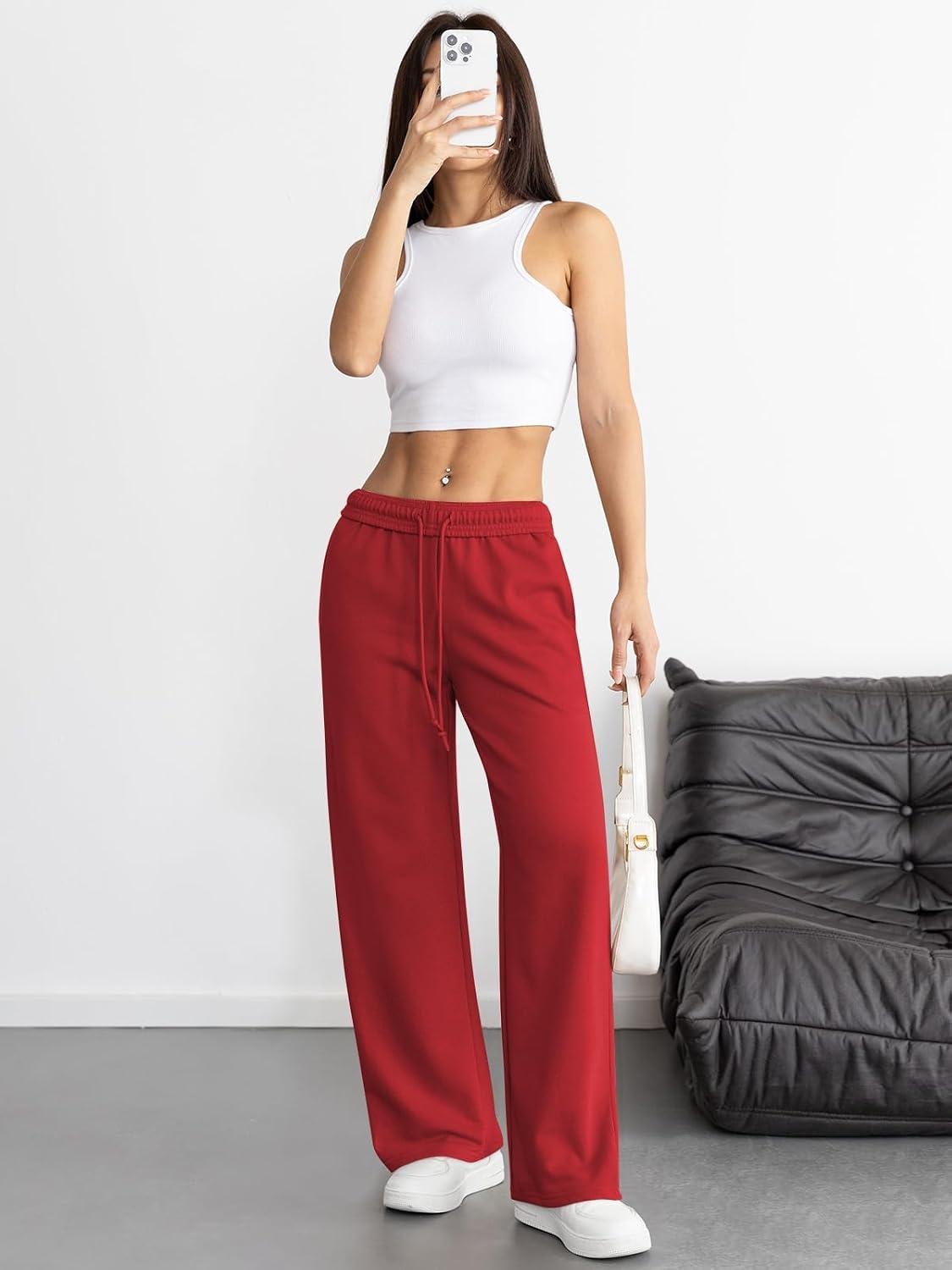 image:imageATHMILE Womens Wide Leg Sweatpants High Waisted Baggy Interior Drawstring Joggers Straight Leg Sweat Pants with PocketsRed