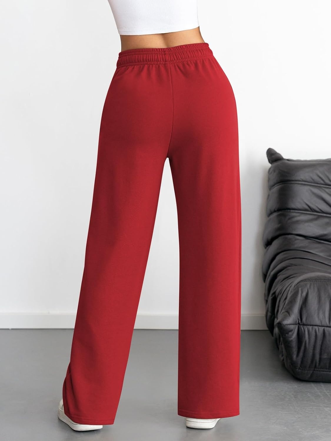 image:imageATHMILE Womens Wide Leg Sweatpants High Waisted Baggy Interior Drawstring Joggers Straight Leg Sweat Pants with PocketsRed
