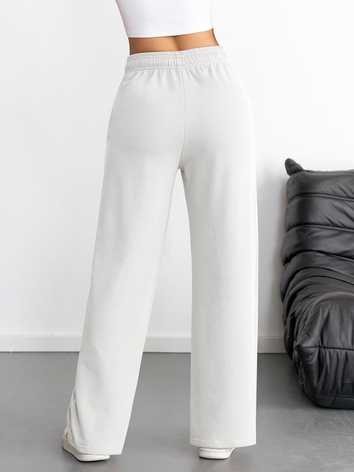 image:imageATHMILE Womens Wide Leg Sweatpants High Waisted Baggy Interior Drawstring Joggers Straight Leg Sweat Pants with PocketsWhite