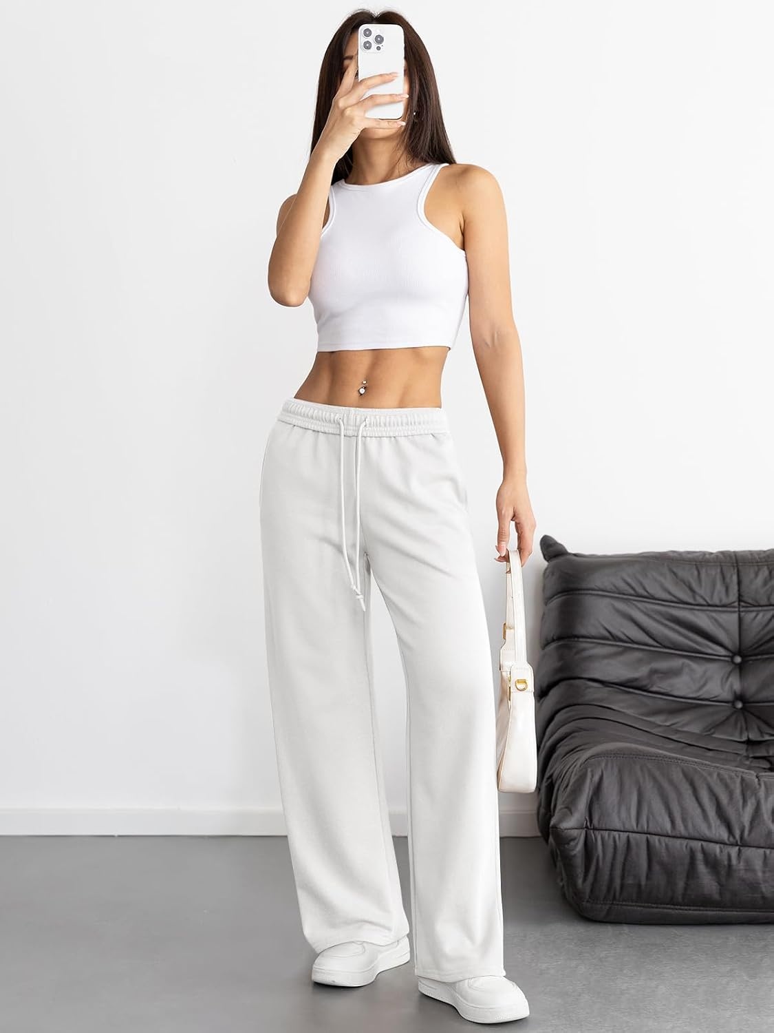 image:imageATHMILE Womens Wide Leg Sweatpants High Waisted Baggy Interior Drawstring Joggers Straight Leg Sweat Pants with PocketsWhite