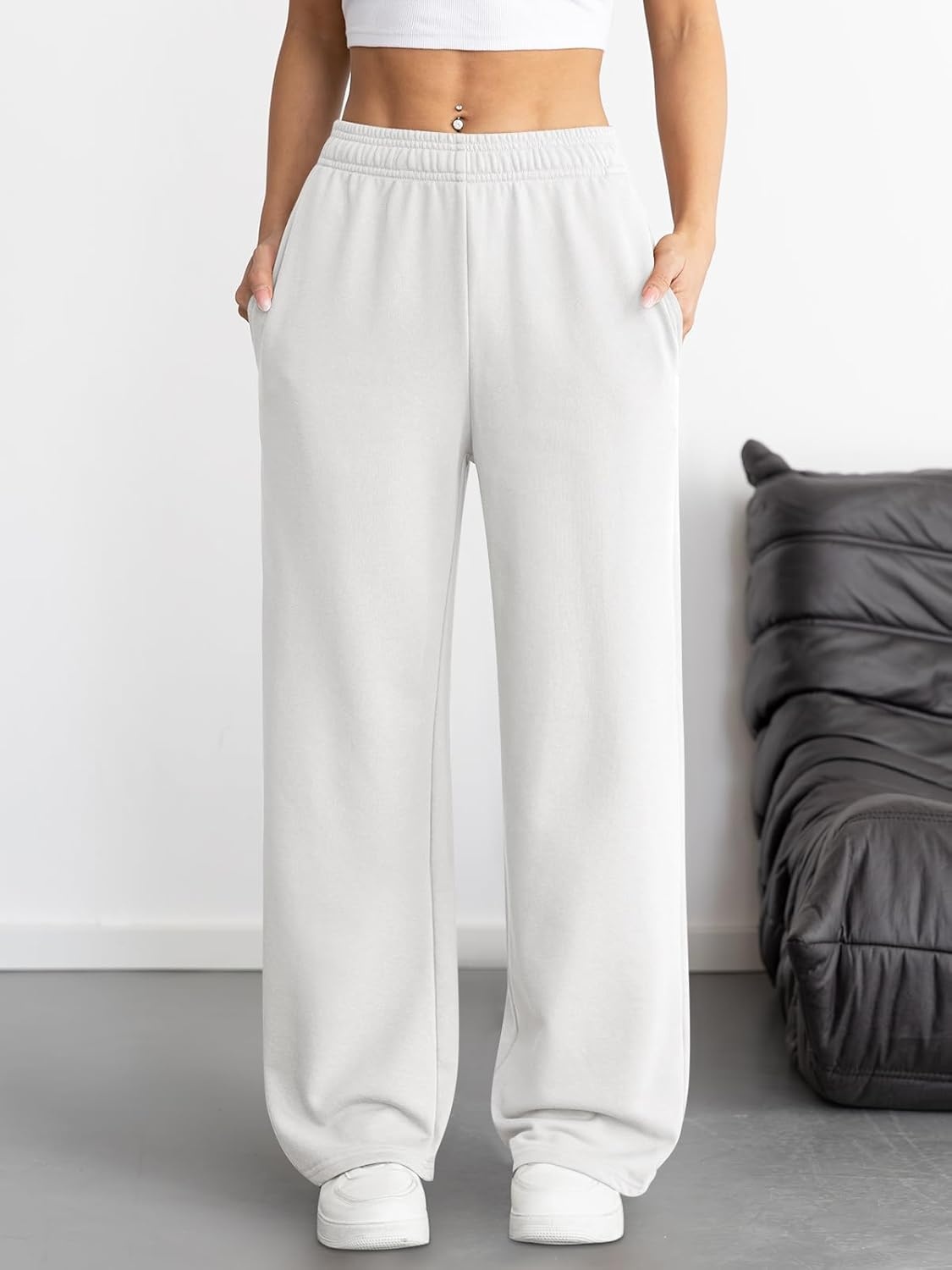 image:imageATHMILE Womens Wide Leg Sweatpants High Waisted Baggy Interior Drawstring Joggers Straight Leg Sweat Pants with PocketsWhite