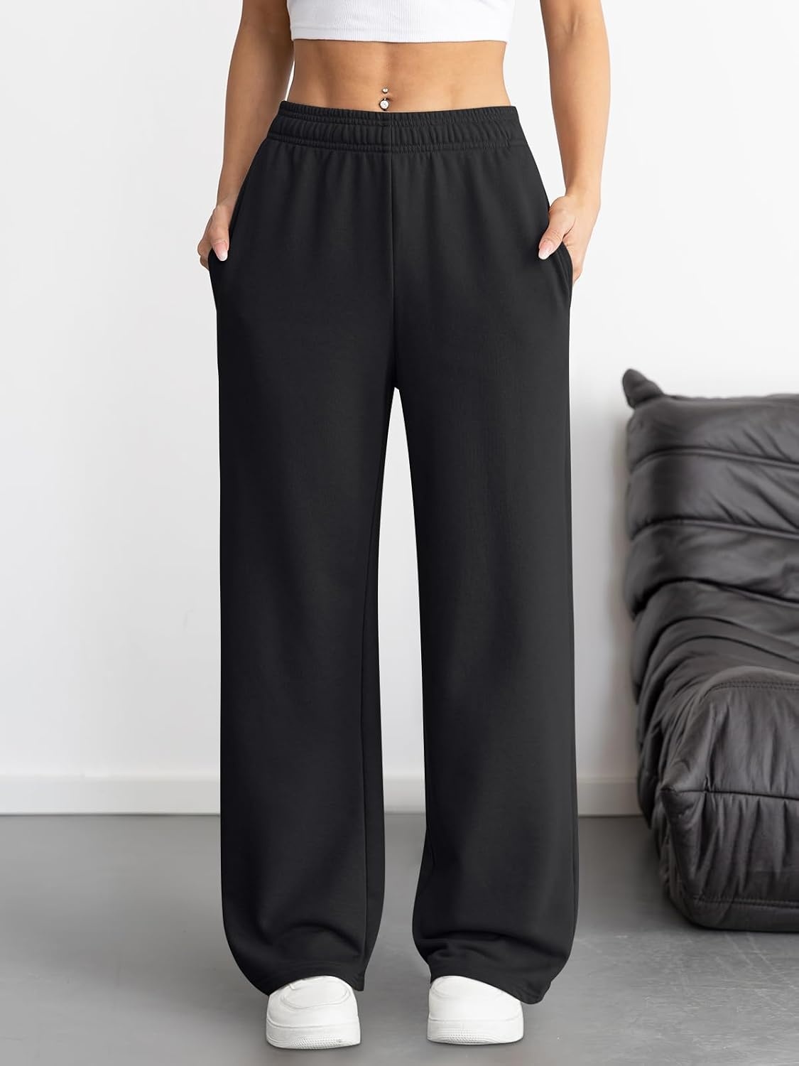 image:imageATHMILE Womens Wide Leg Sweatpants High Waisted Baggy Interior Drawstring Joggers with Pockets Straight Leg Sweat PantsBlack