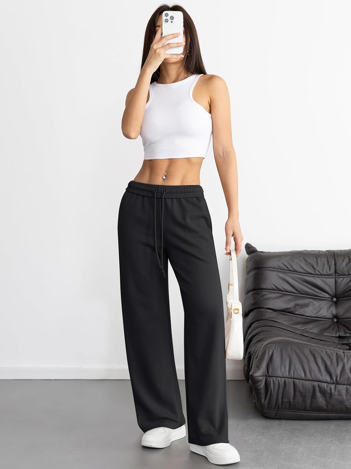 image:imageATHMILE Womens Wide Leg Sweatpants High Waisted Baggy Interior Drawstring Joggers with Pockets Straight Leg Sweat PantsBlack