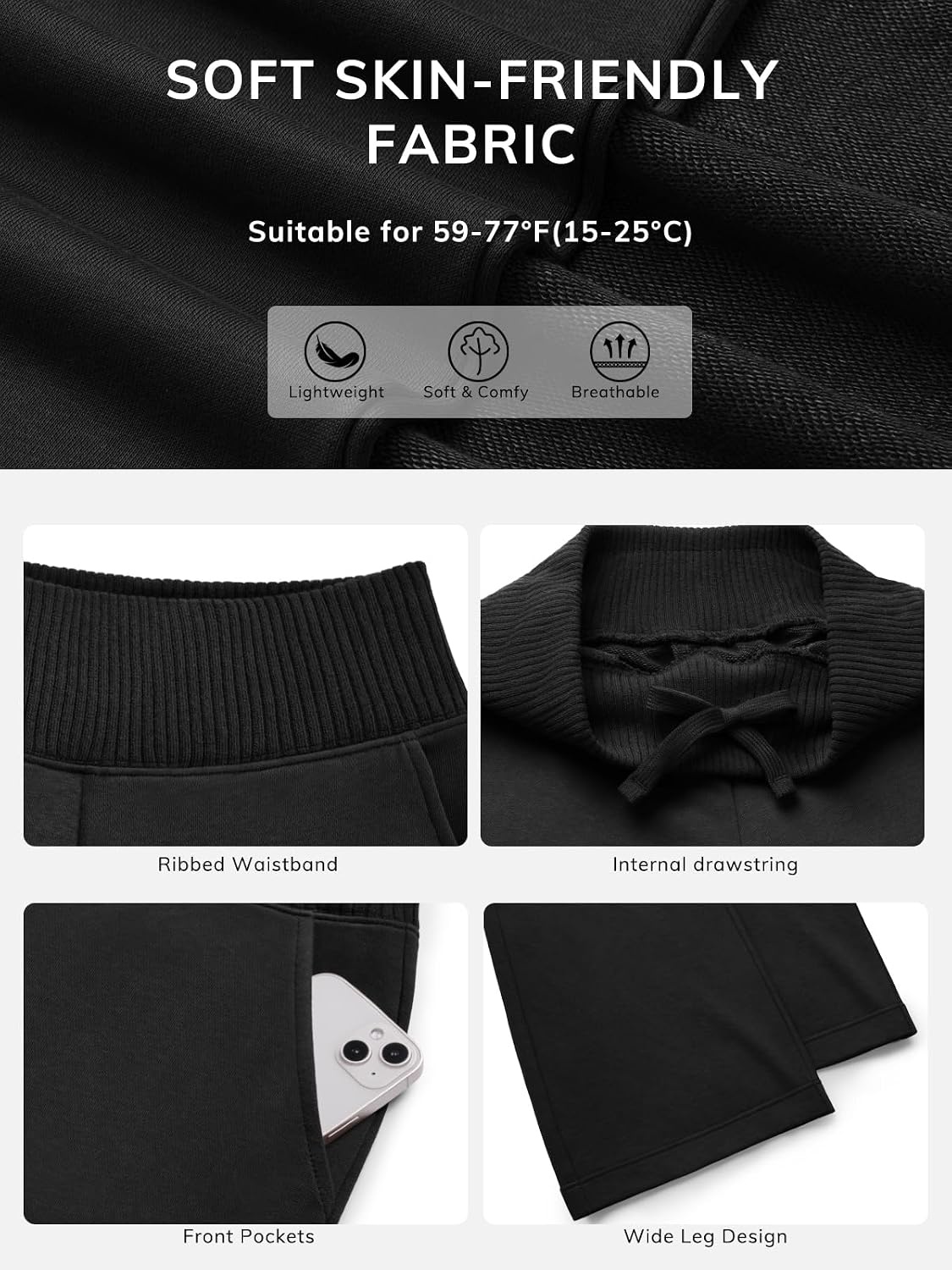image:imageATHMILE Womens Wide Leg Sweatpants High Waisted Baggy Lounge Pants with Pockets Drawstring Comfy Casual Athletic PalazzoBlack