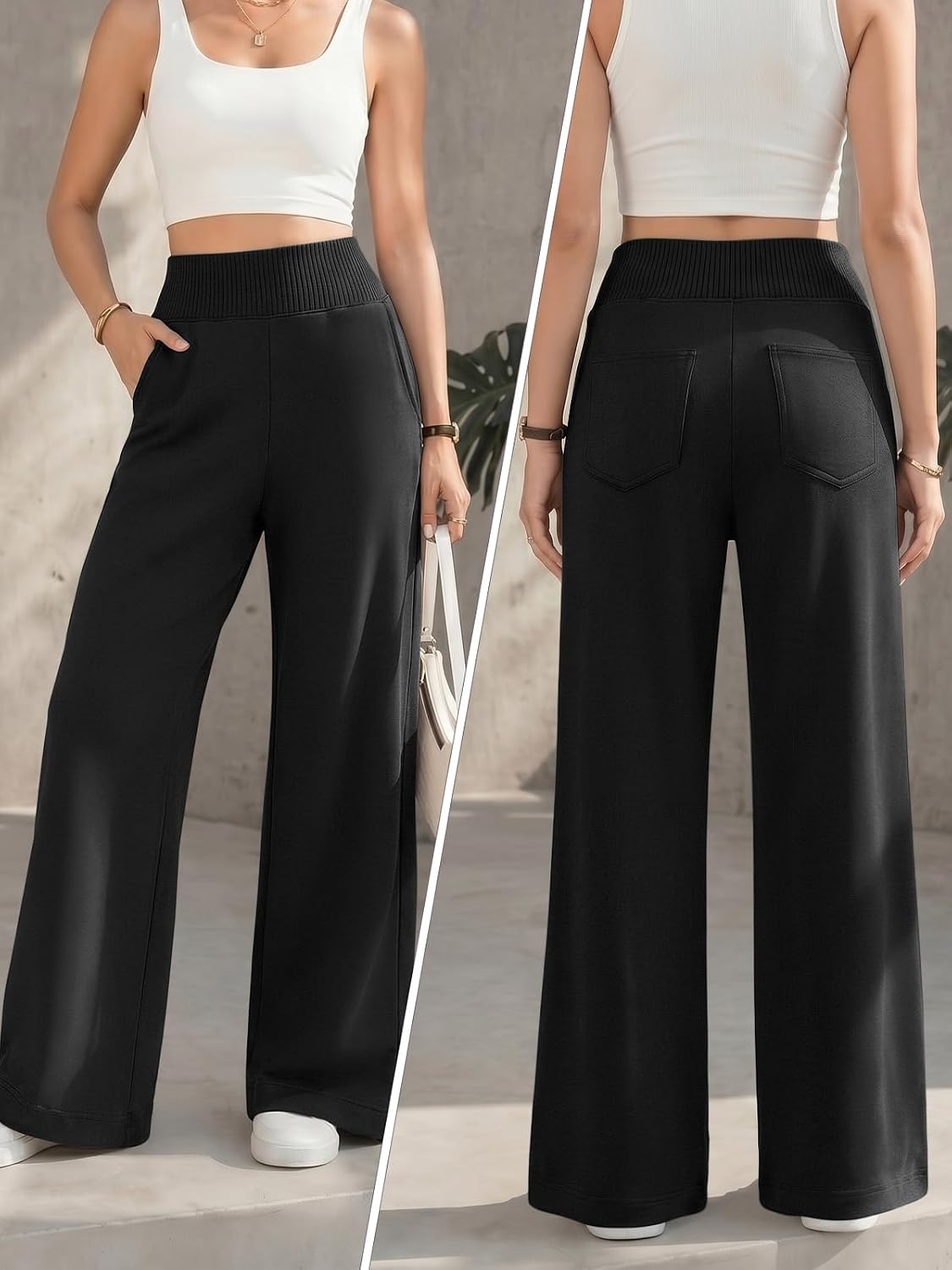 image:imageATHMILE Womens Wide Leg Sweatpants High Waisted Baggy Lounge Pants with Pockets Drawstring Comfy Casual Athletic PalazzoBlack