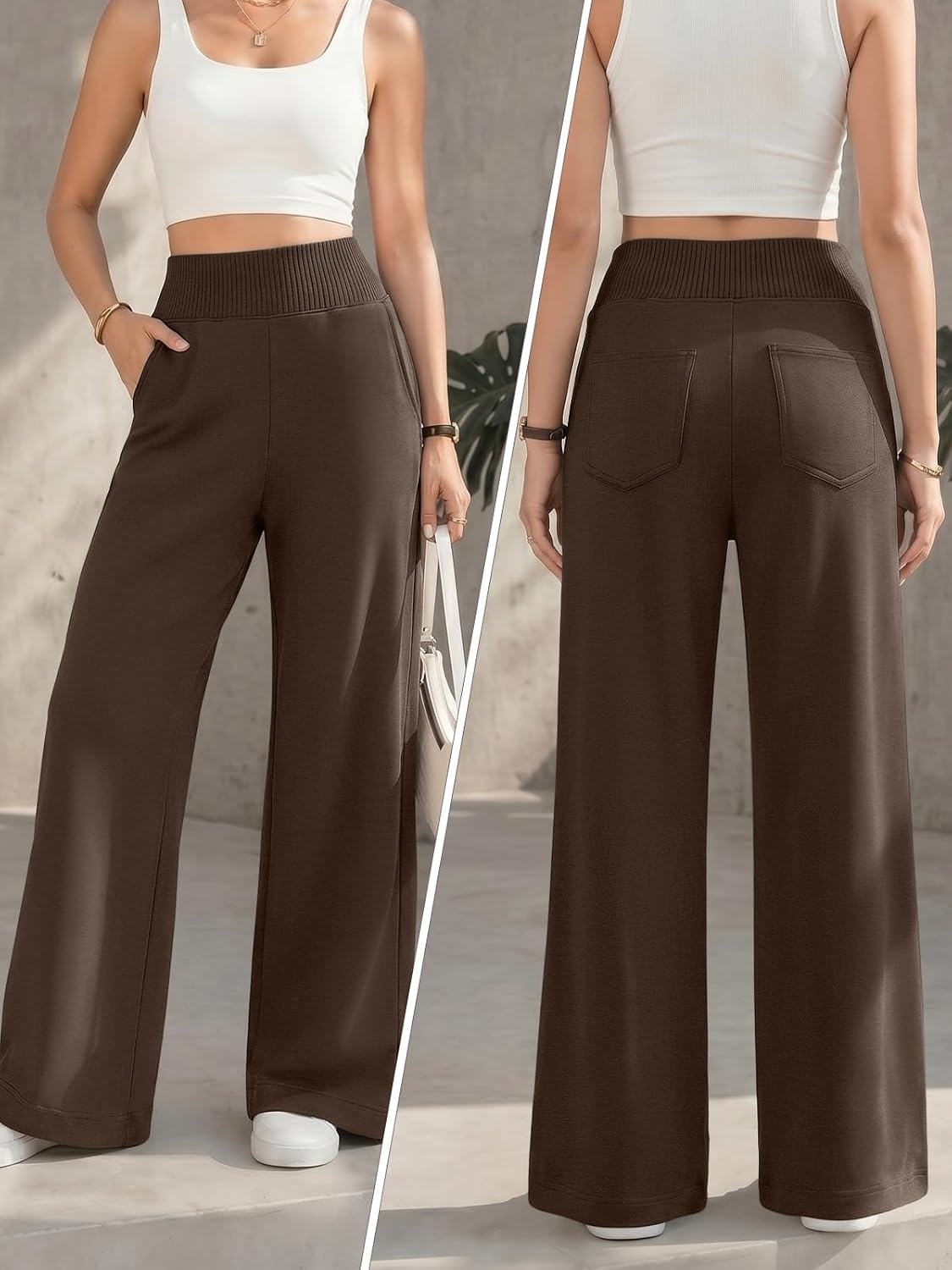 image:imageATHMILE Womens Wide Leg Sweatpants High Waisted Baggy Lounge Pants with Pockets Drawstring Comfy Casual Athletic PalazzoCoffee Brown