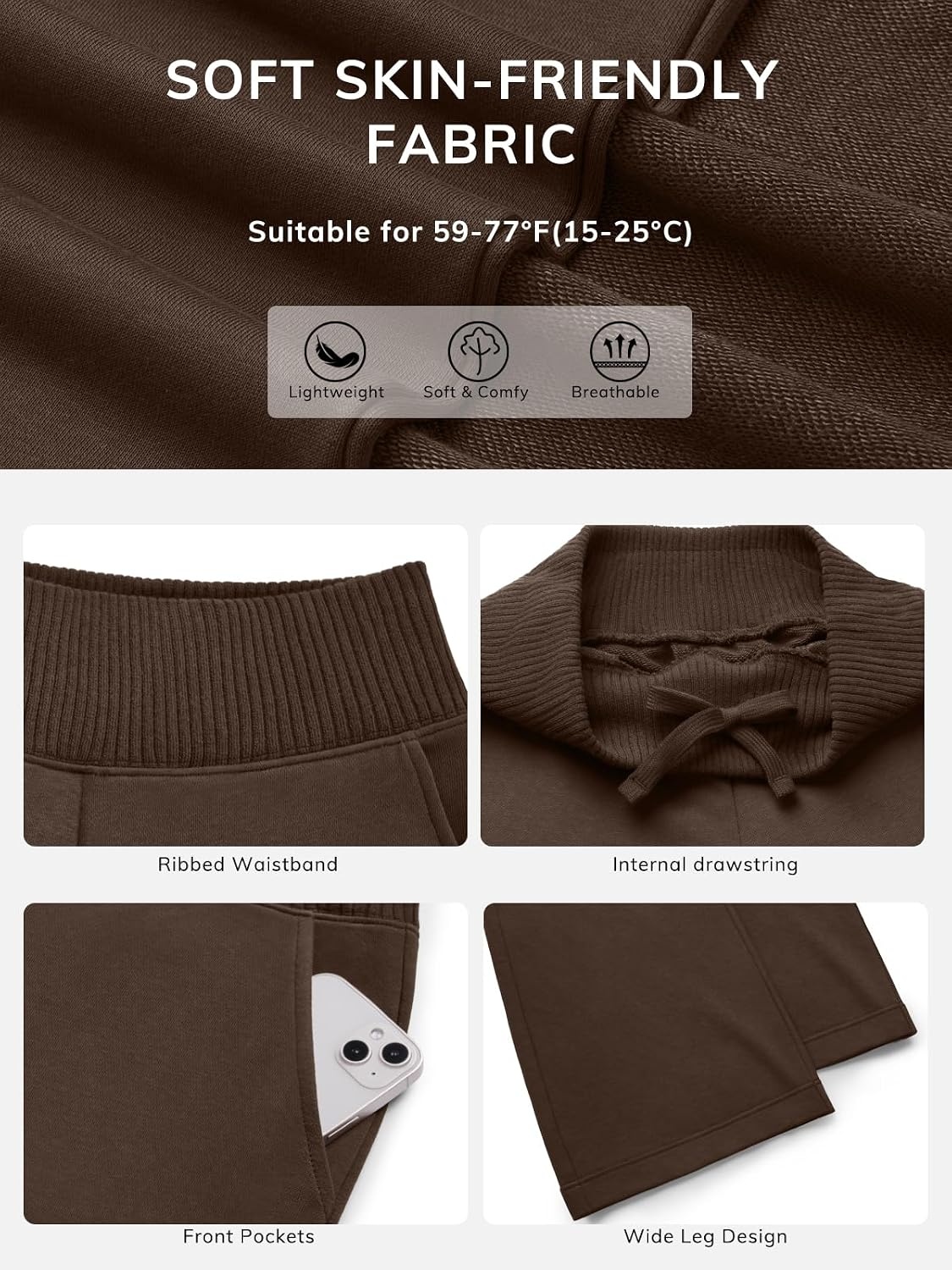 image:imageATHMILE Womens Wide Leg Sweatpants High Waisted Baggy Lounge Pants with Pockets Drawstring Comfy Casual Athletic PalazzoCoffee Brown