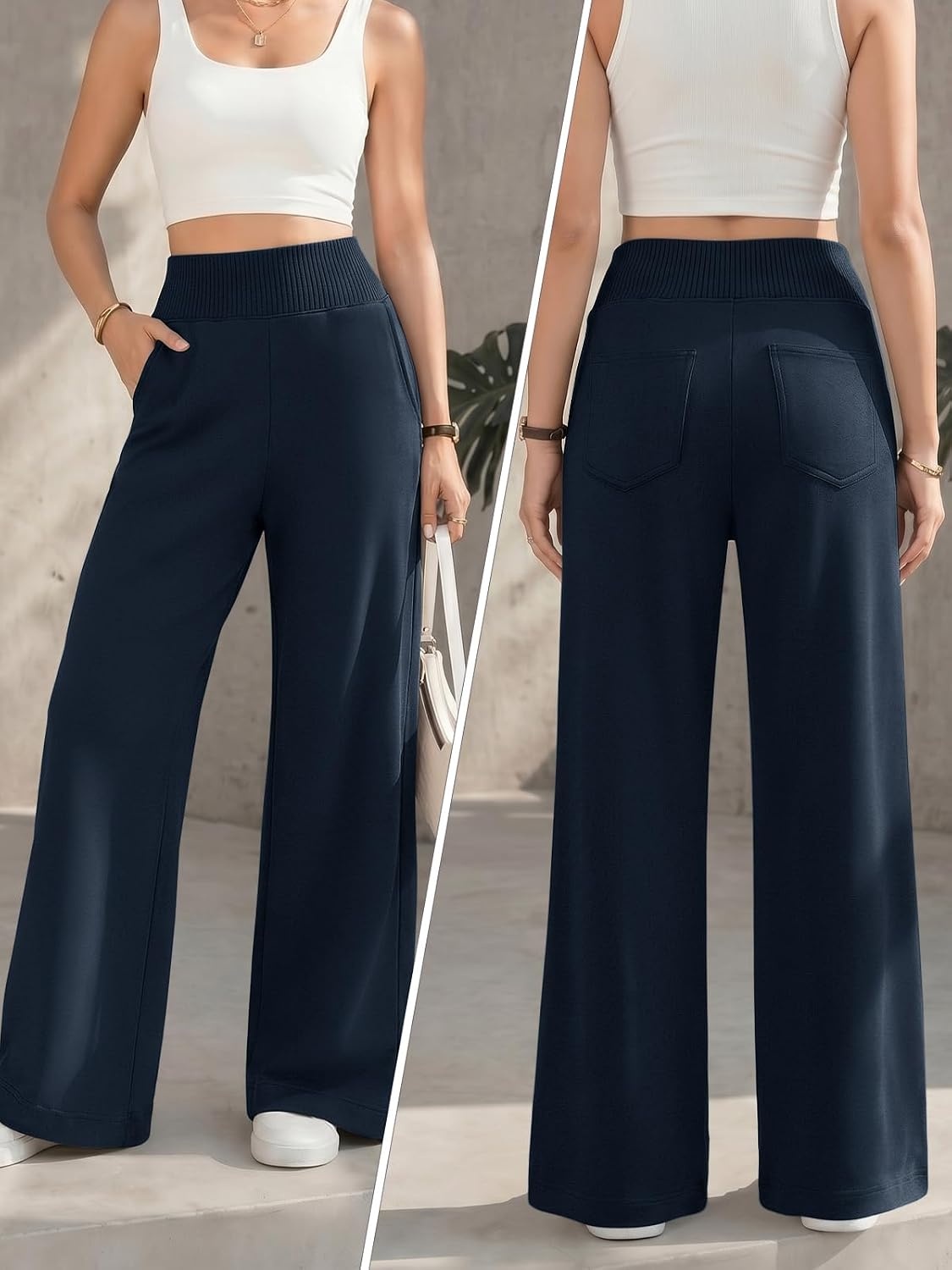 image:imageATHMILE Womens Wide Leg Sweatpants High Waisted Baggy Lounge Pants with Pockets Drawstring Comfy Casual Athletic PalazzoNavy Blue