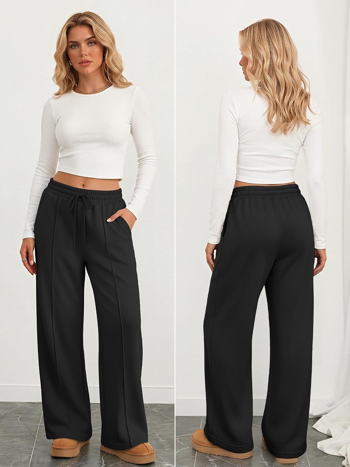 image:imageATHMILE Womens Wide Leg Sweatpants High Waisted Baggy Pants Fashion Teen Girl Drawstring Athletic JoggersFleeceblack