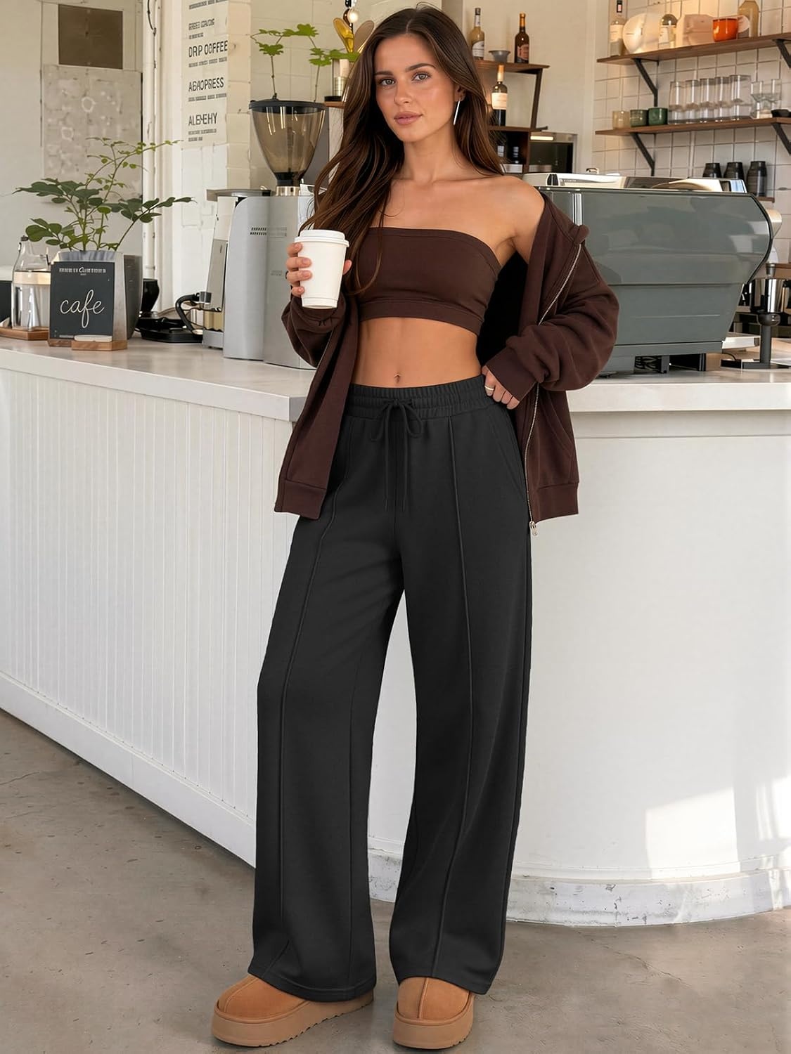 image:imageATHMILE Womens Wide Leg Sweatpants High Waisted Baggy Pants Fashion Teen Girl Drawstring Athletic JoggersFleeceblack