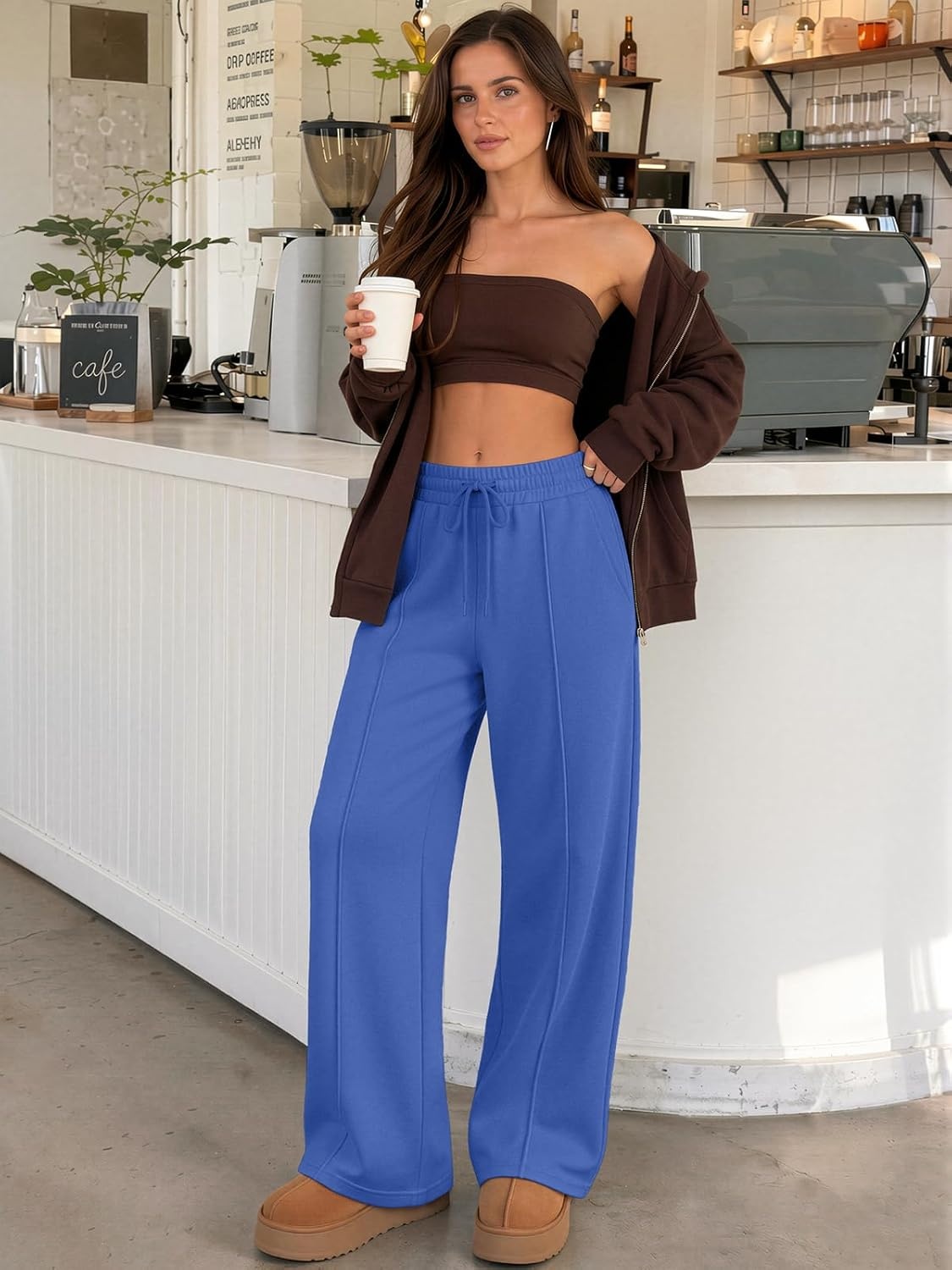 image:imageATHMILE Womens Wide Leg Sweatpants High Waisted Baggy Pants Fashion Teen Girl Drawstring Athletic JoggersFleeceblue