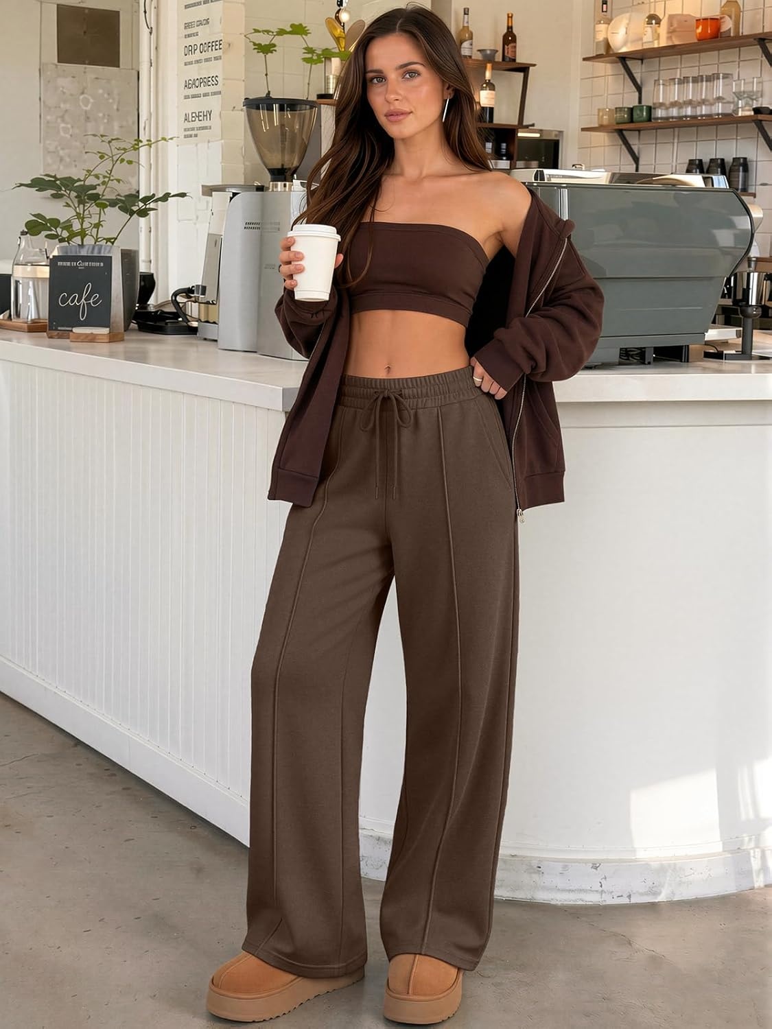 image:imageATHMILE Womens Wide Leg Sweatpants High Waisted Baggy Pants Fashion Teen Girl Drawstring Athletic JoggersFleececoffee