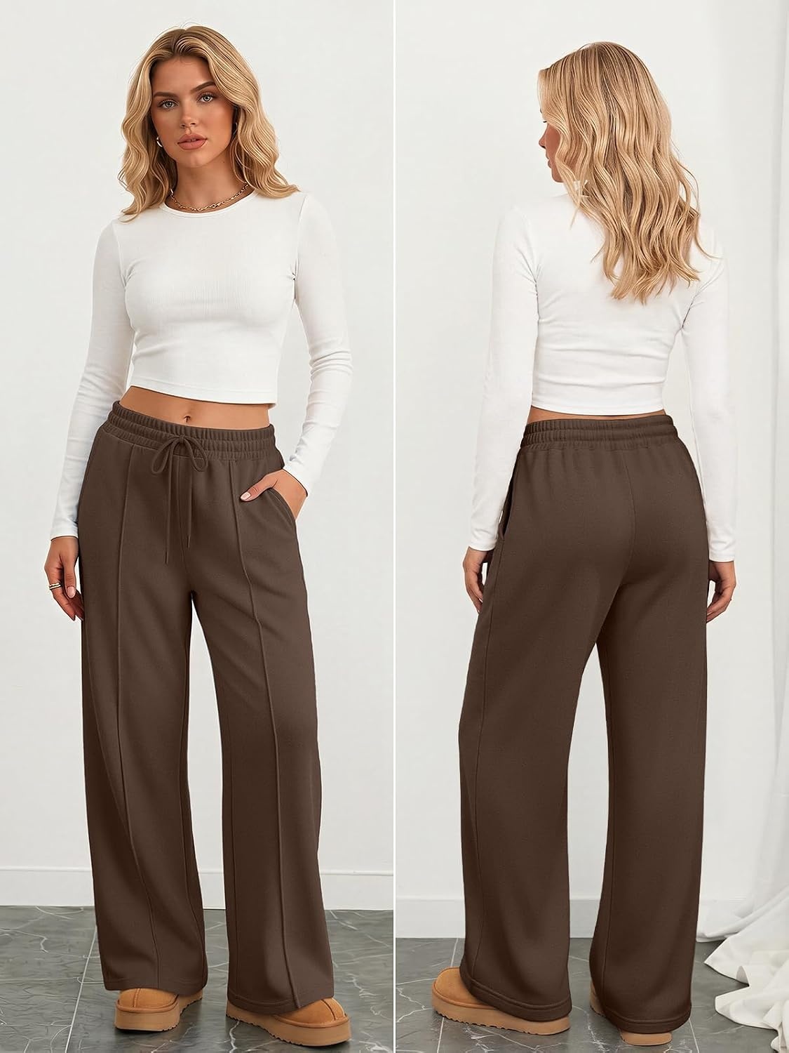 image:imageATHMILE Womens Wide Leg Sweatpants High Waisted Baggy Pants Fashion Teen Girl Drawstring Athletic JoggersFleececoffee