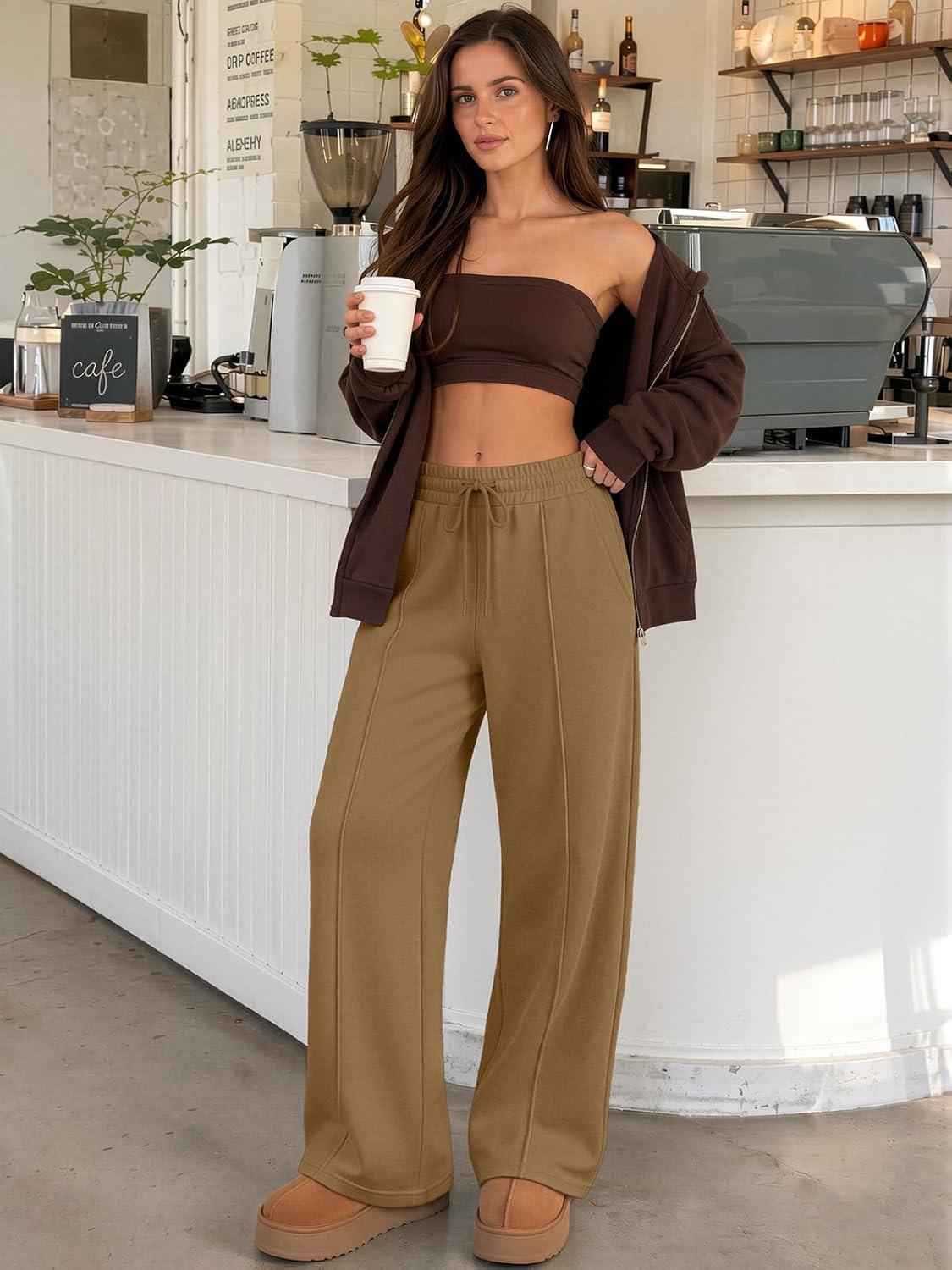 image:imageATHMILE Womens Wide Leg Sweatpants High Waisted Baggy Pants Fashion Teen Girl Drawstring Athletic JoggersFleececoffee Grey