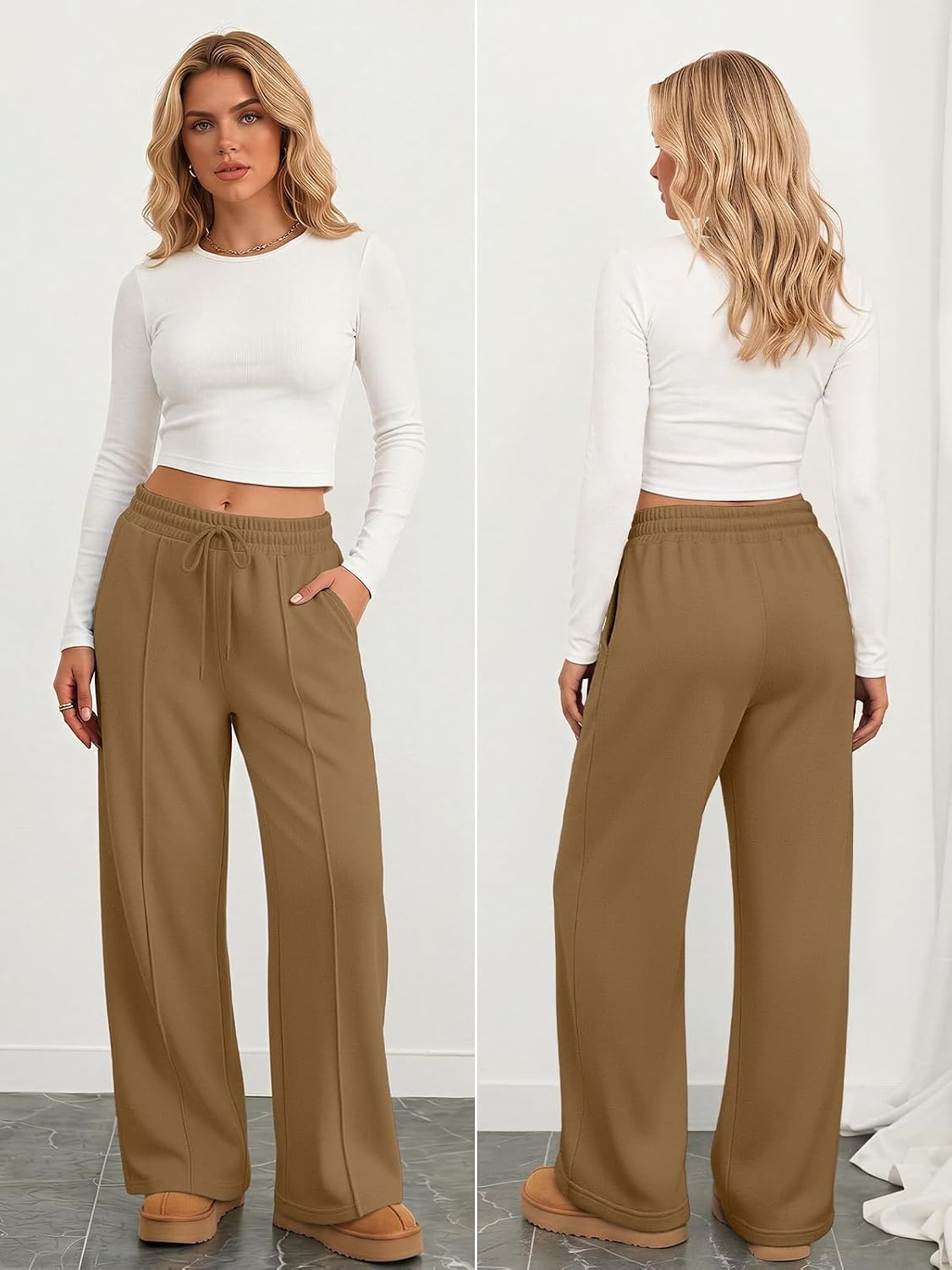 image:imageATHMILE Womens Wide Leg Sweatpants High Waisted Baggy Pants Fashion Teen Girl Drawstring Athletic JoggersFleececoffee Grey
