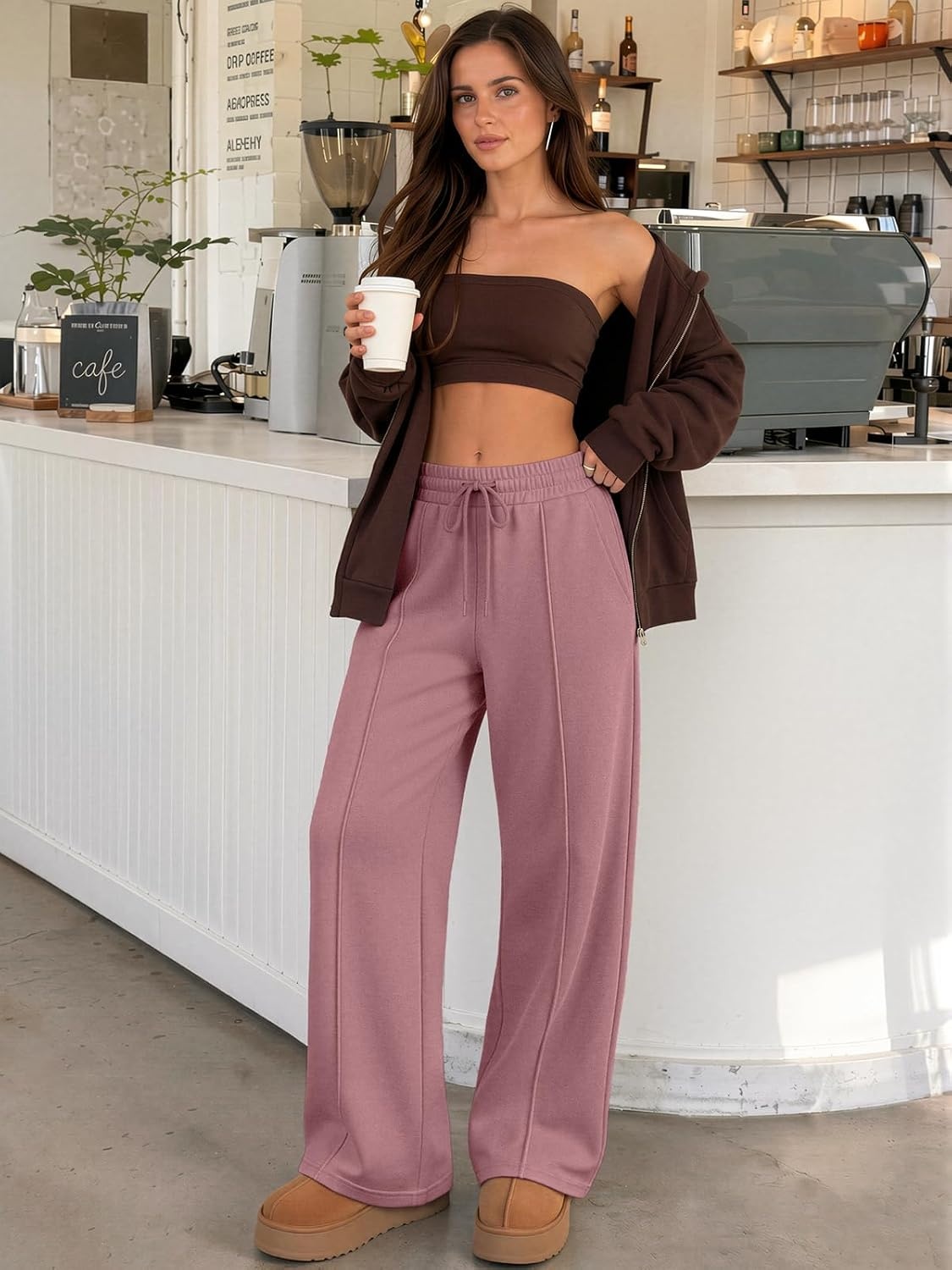 image:imageATHMILE Womens Wide Leg Sweatpants High Waisted Baggy Pants Fashion Teen Girl Drawstring Athletic JoggersFleecedark Pink