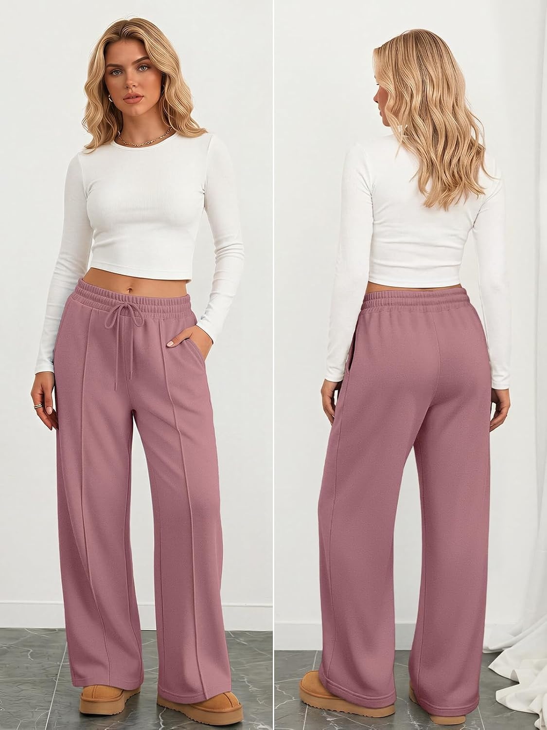 image:imageATHMILE Womens Wide Leg Sweatpants High Waisted Baggy Pants Fashion Teen Girl Drawstring Athletic JoggersFleecedark Pink