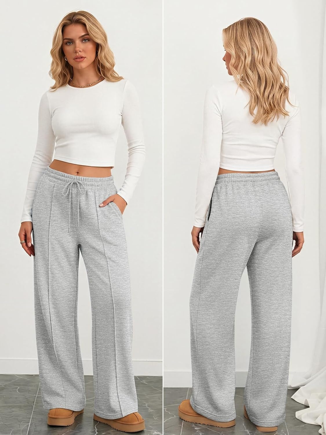 image:imageATHMILE Womens Wide Leg Sweatpants High Waisted Baggy Pants Fashion Teen Girl Drawstring Athletic JoggersFleecegrey