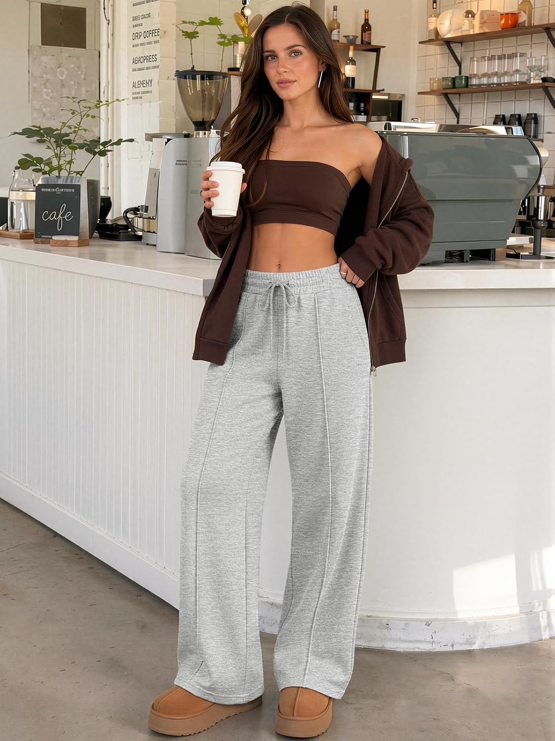 image:imageATHMILE Womens Wide Leg Sweatpants High Waisted Baggy Pants Fashion Teen Girl Drawstring Athletic JoggersFleecegrey