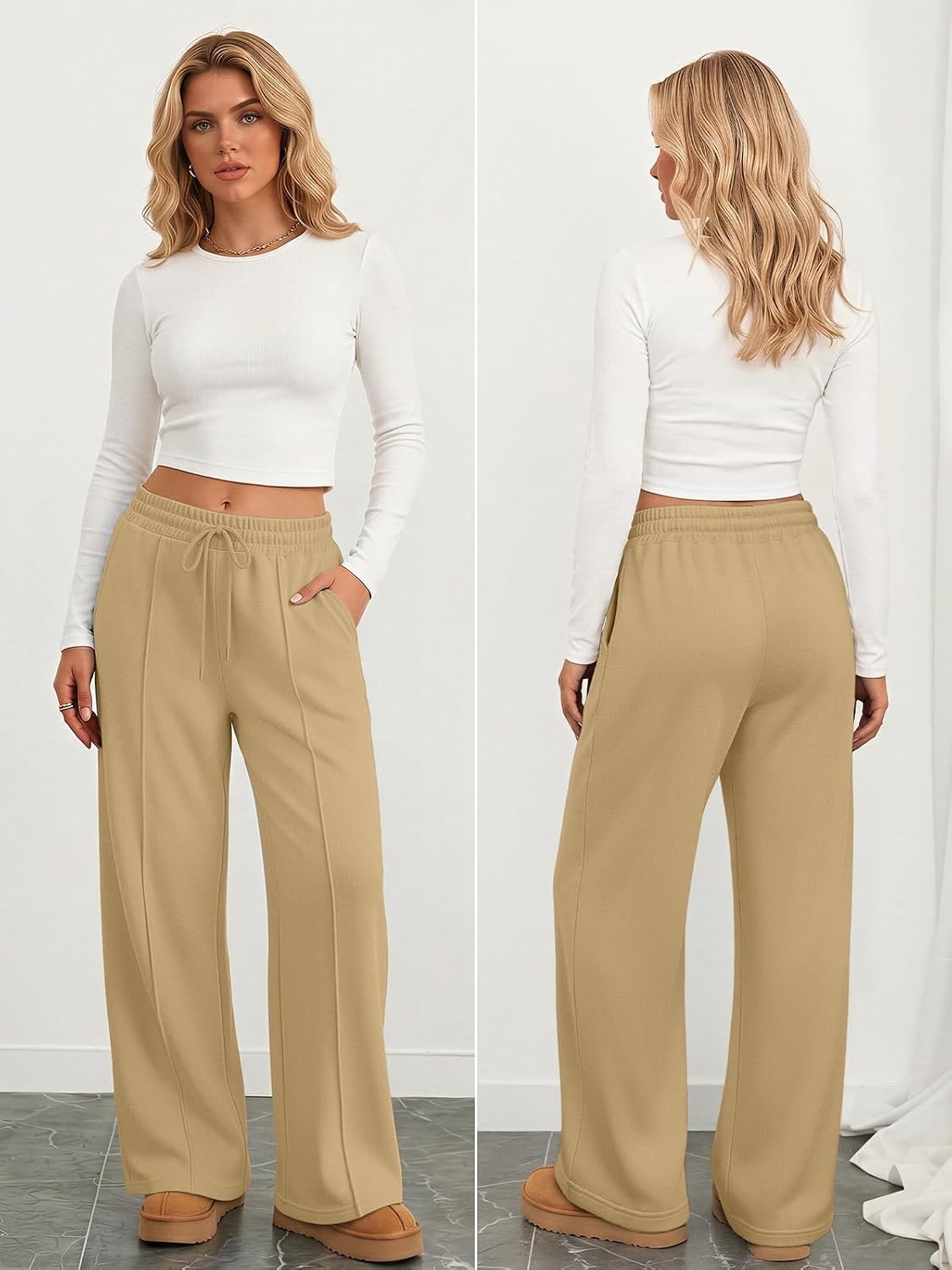 image:imageATHMILE Womens Wide Leg Sweatpants High Waisted Baggy Pants Fashion Teen Girl Drawstring Athletic JoggersFleecelight Brown